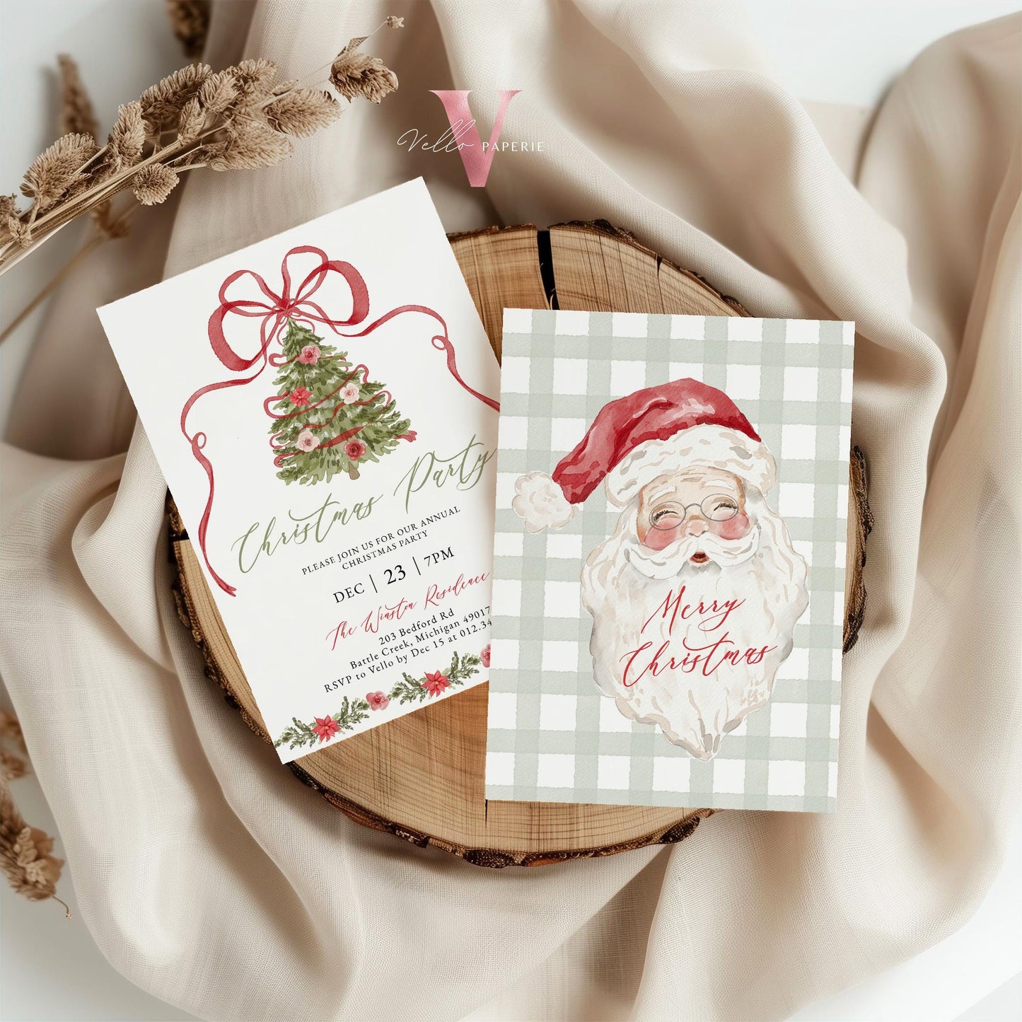 Editable Grandmillenial Christmas Party Invitation | Christmas Tree Open House Invite | Red Bow, Watercolor Santa, Friendsmas Party GMC12