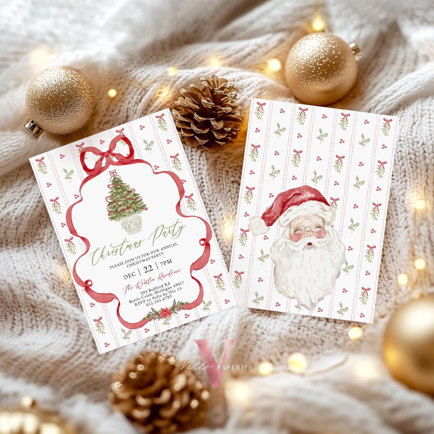 Editable Grandmillenial Christmas Party Invitation | Santa Christmas Open House Invite | Red Bow Christmas Tree, Friendsmas Party GMC12