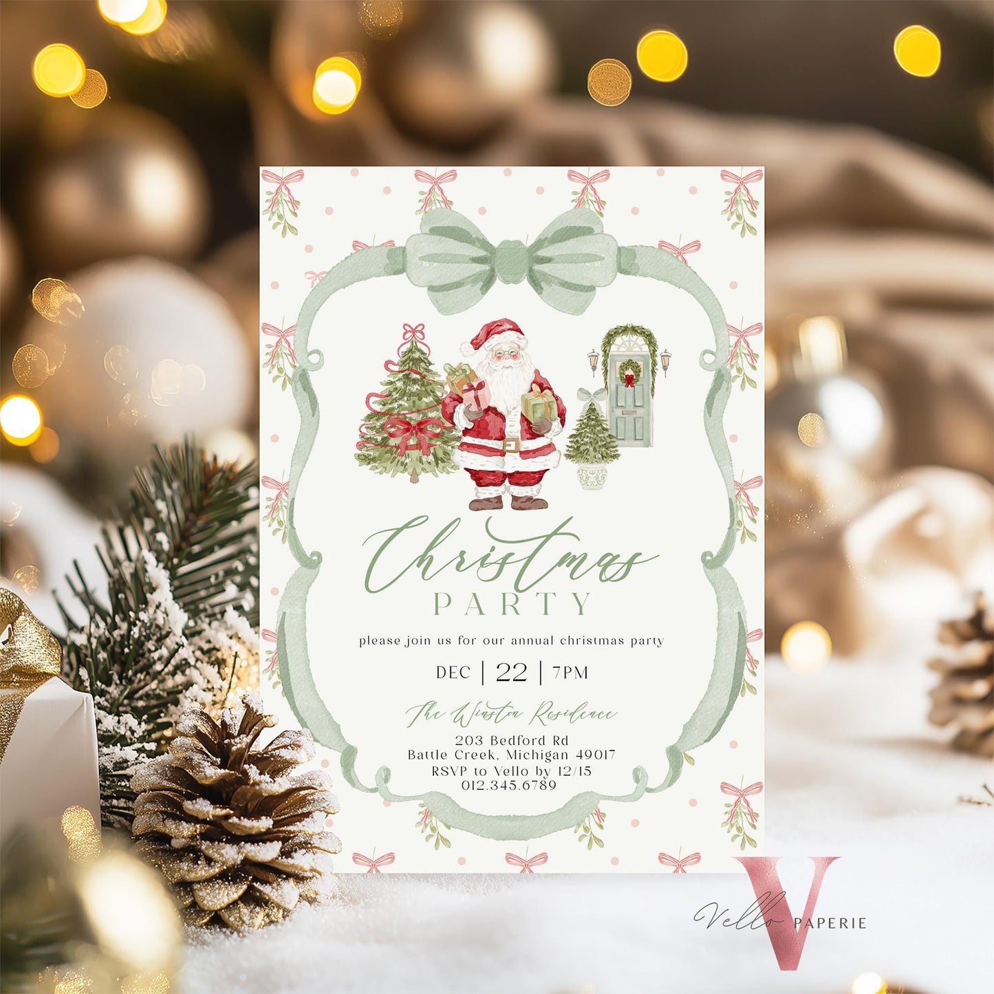 Editable Grandmillenial Christmas Party Invitation | Neutral Christmas Open House Invite | Bow Watercolor Santa, Friendsmas Party GMC12