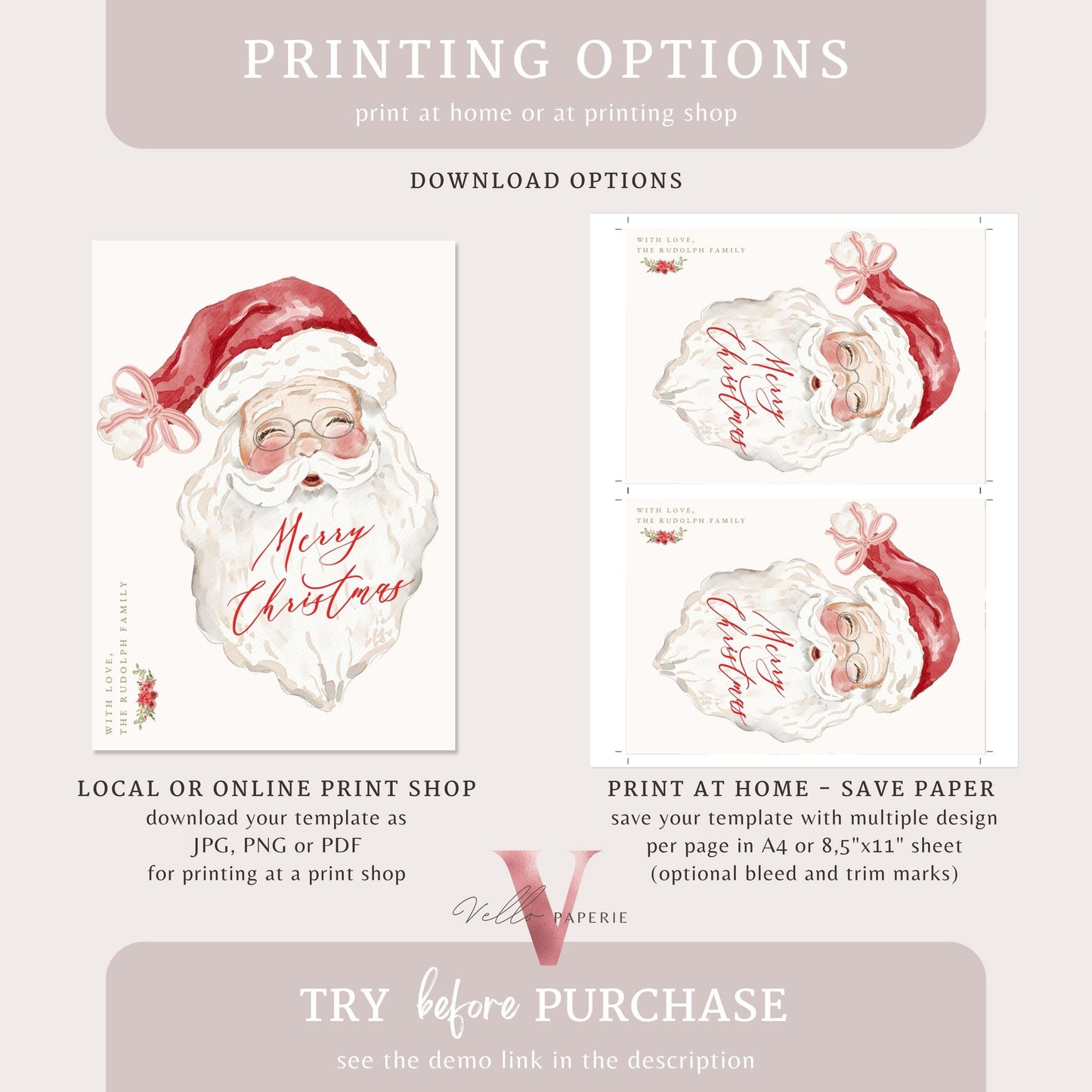 Editable Printable Grandmillenial Christmas Greetings Card | Watercolor Merry Christmas Card Template | Santa and Wreath Holiday Card  BCPF1