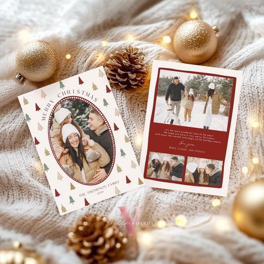 Printable Boho Photo Christmas Card Template | Modern Bohemian Winter Photo Holiday Card | Oval Photo Frame Christmas Tree Greeting PCC12