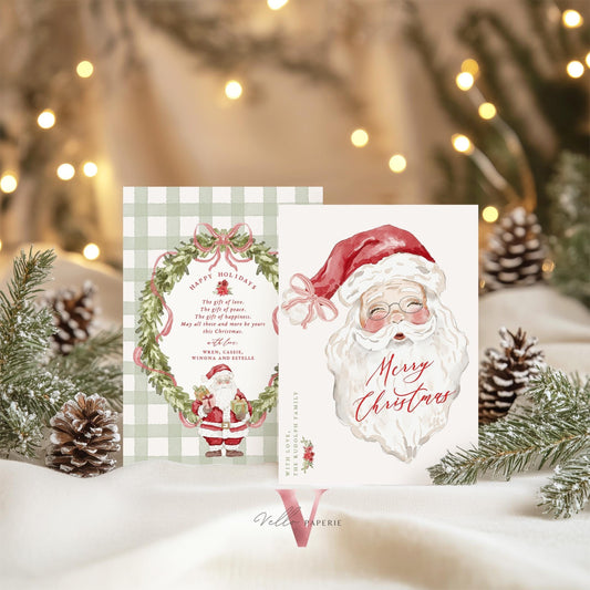 Editable Printable Grandmillenial Christmas Greetings Card | Watercolor Merry Christmas Card Template | Santa and Wreath Holiday Card  BCPF1