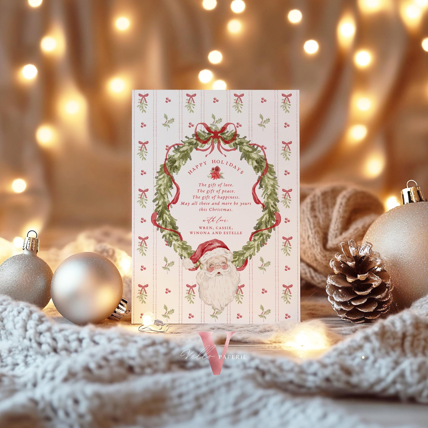 Editable Printable Grandmillenial Christmas Greetings Card | Watercolor Merry Christmas Card Template | Red Bow Santa Holiday Card  BCPF1