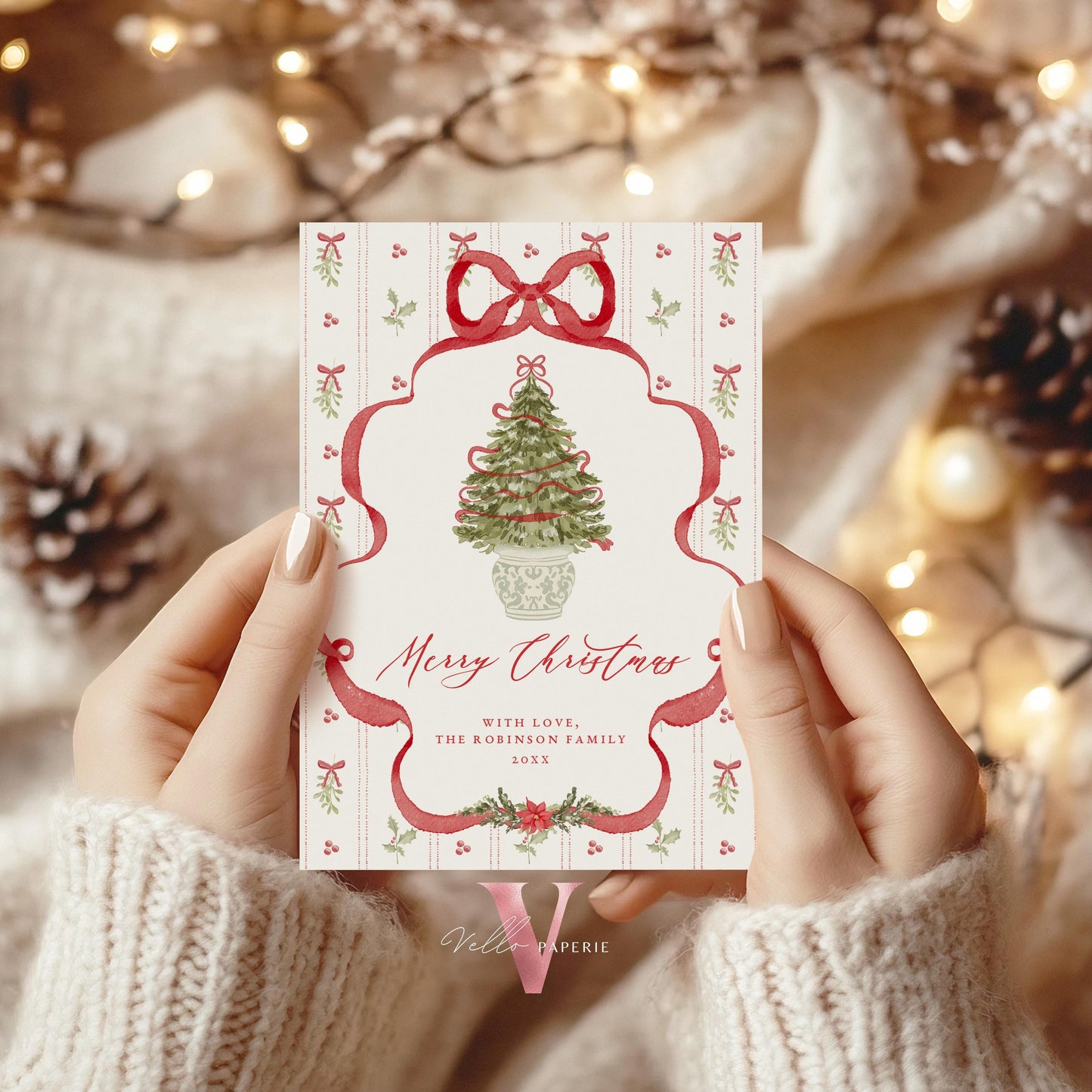 Editable Printable Grandmillenial Christmas Greetings Card | Watercolor Merry Christmas Card Template | Red Bow Santa Holiday Card  BCPF1