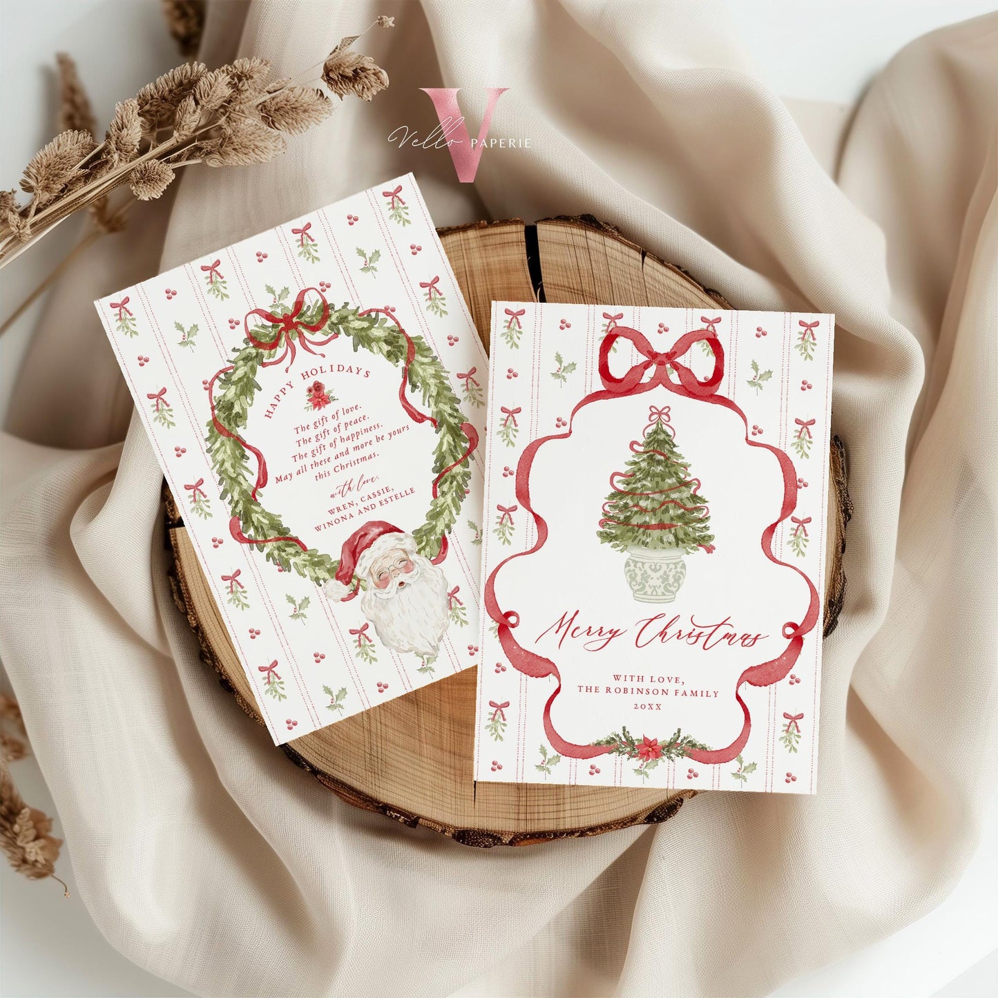 Editable Printable Grandmillenial Christmas Greetings Card | Watercolor Merry Christmas Card Template | Red Bow Santa Holiday Card  BCPF1