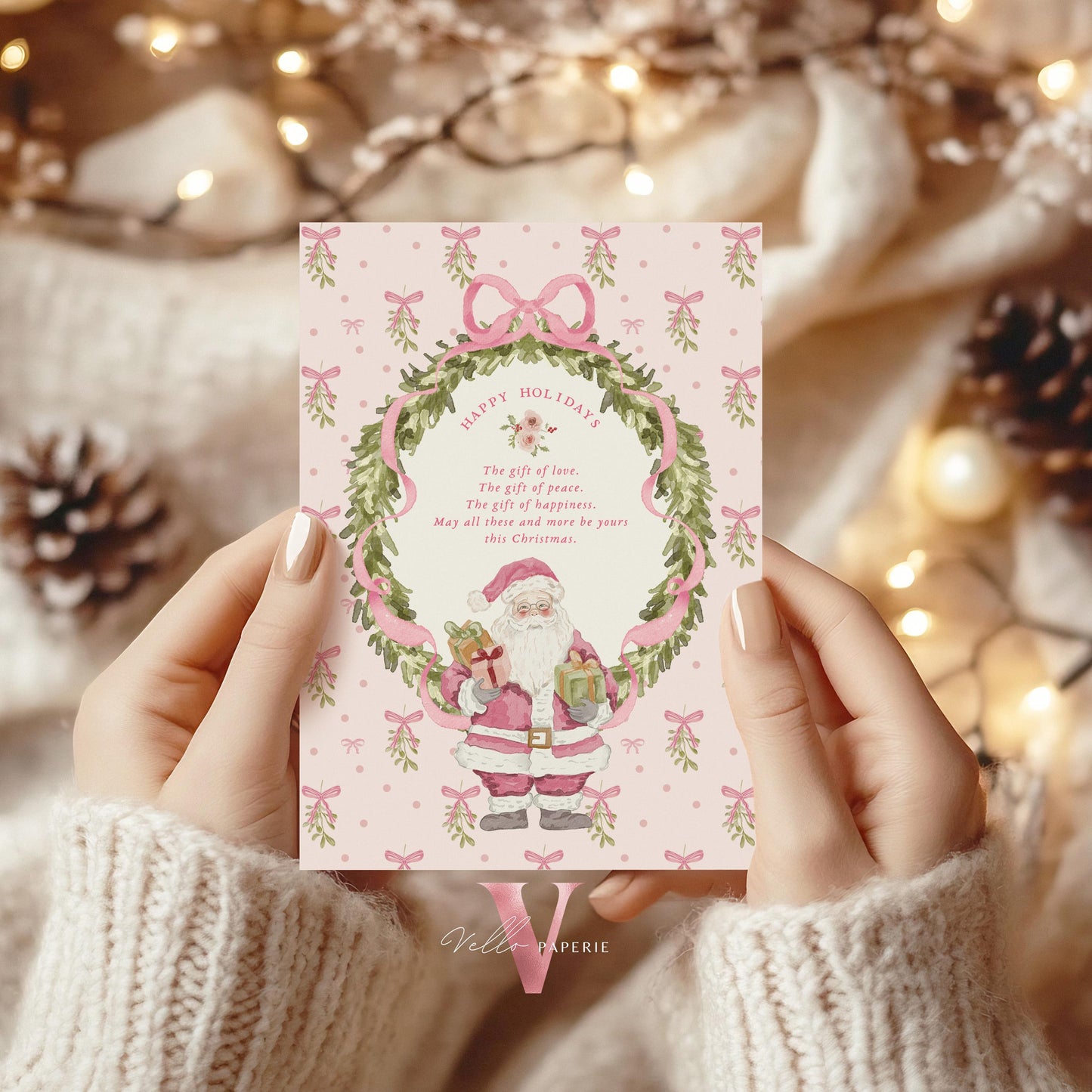 Editable Printable Grandmillenial Christmas Greetings Card | Pink Watercolor Merry Christmas Card | Santa and Wreath Holiday Card  BCPF1