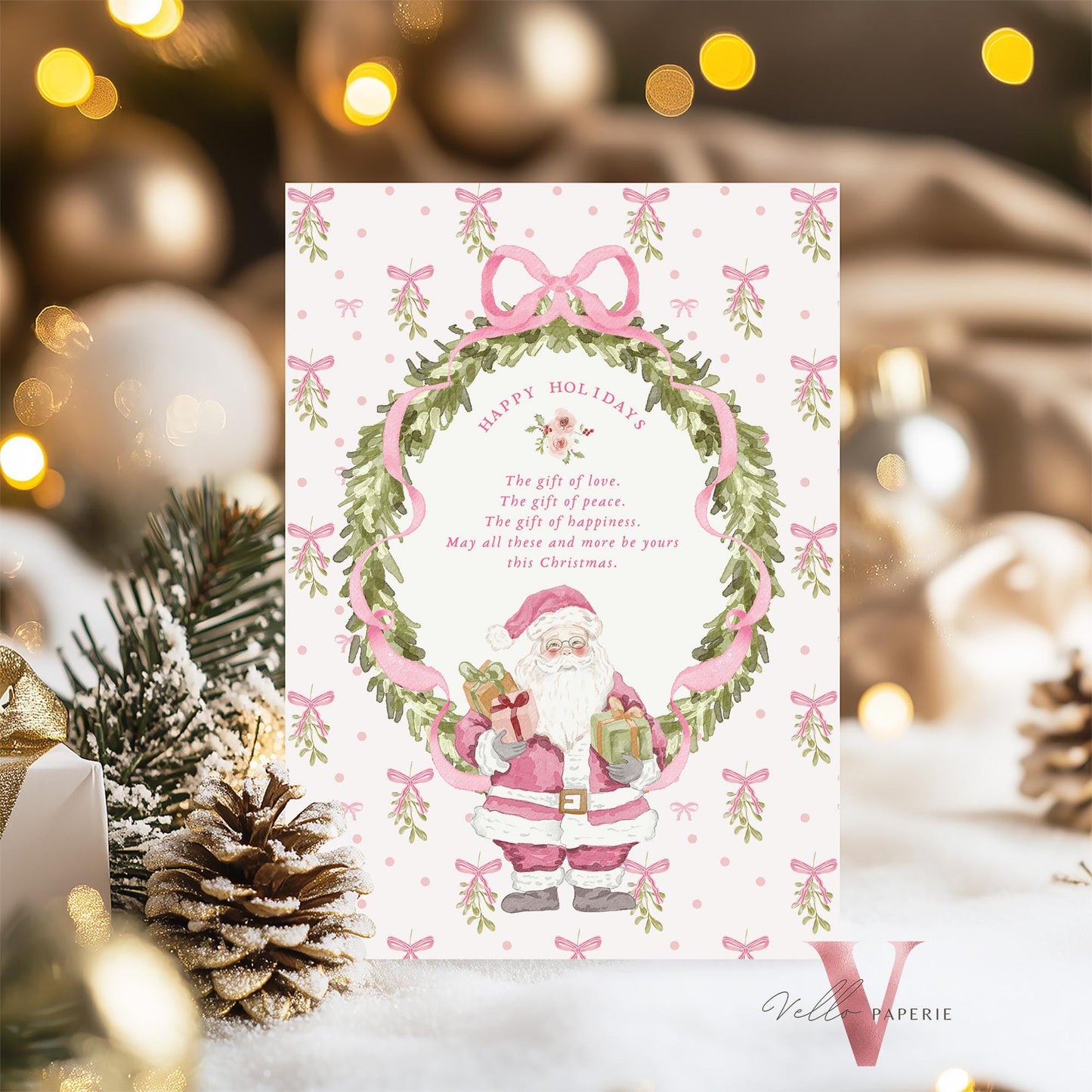 Editable Printable Grandmillenial Christmas Greetings Card | Pink Watercolor Merry Christmas Card | Santa and Wreath Holiday Card  BCPF1