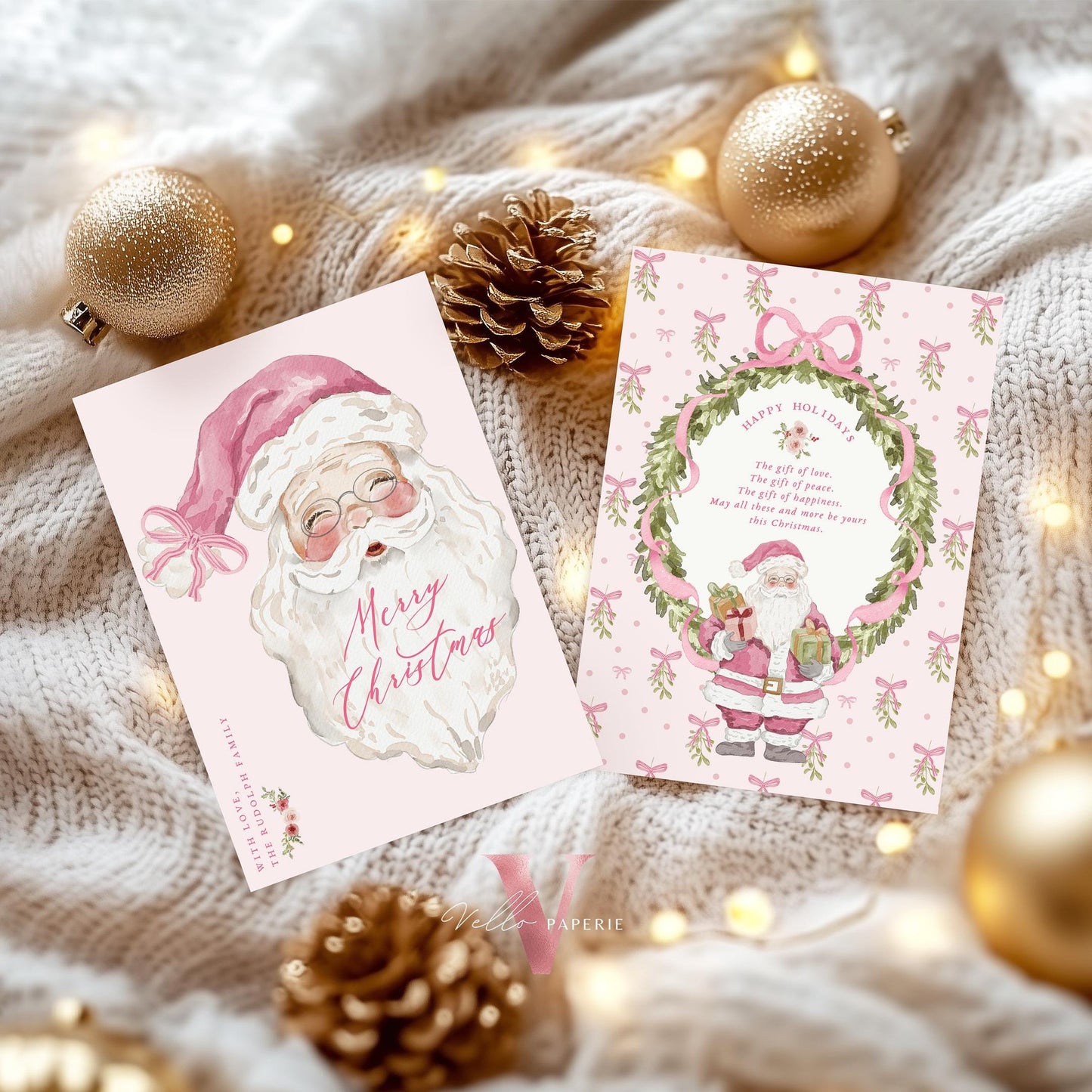 Editable Printable Grandmillenial Christmas Greetings Card | Pink Watercolor Merry Christmas Card | Santa and Wreath Holiday Card  BCPF1