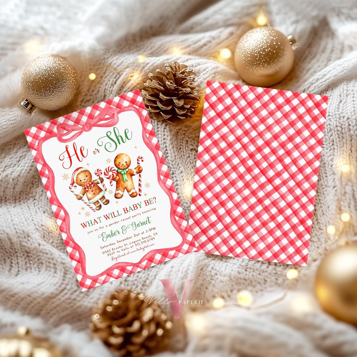 He or She Gingerbread Baby Shower Invitation | Winter Gender Reveal Cookie Baby Invite | Red Green Gingerbread Christmas Gingham CWBS01