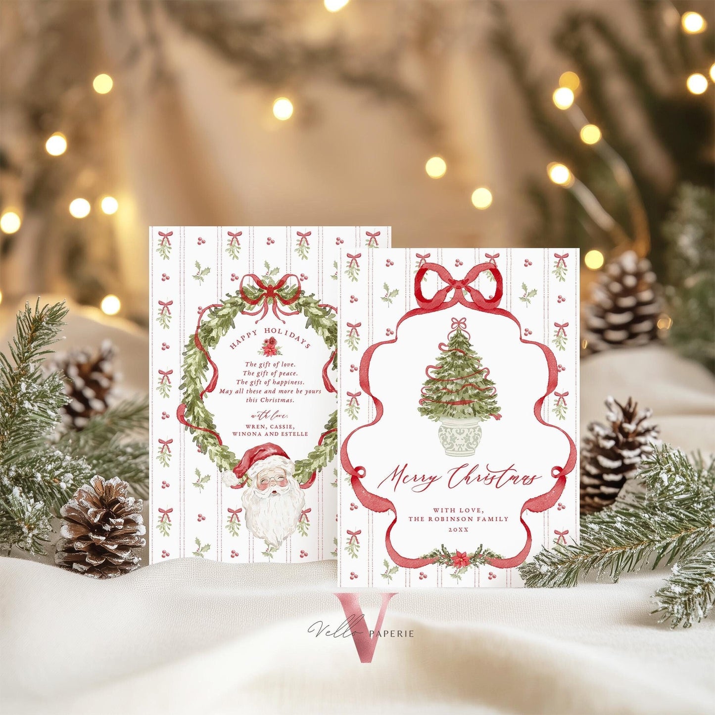 Editable Printable Grandmillenial Christmas Greetings Card | Watercolor Merry Christmas Card Template | Red Bow Santa Holiday Card  BCPF1