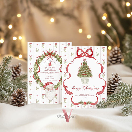 Editable Printable Grandmillenial Christmas Greetings Card | Watercolor Merry Christmas Card Template | Red Bow Santa Holiday Card  BCPF1