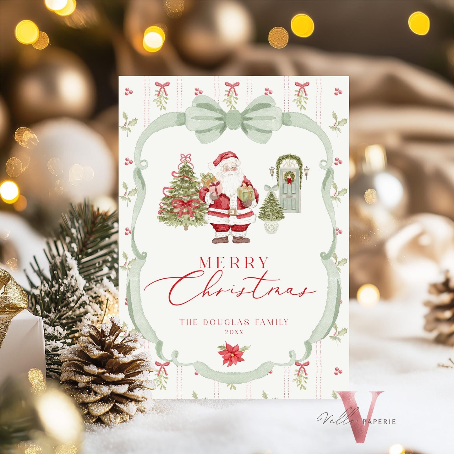 Editable Printable Grandmillenial Christmas Greetings Card | Watercolor Merry Christmas Card Template | Green Bow, Santa Holiday Card  BCPF1