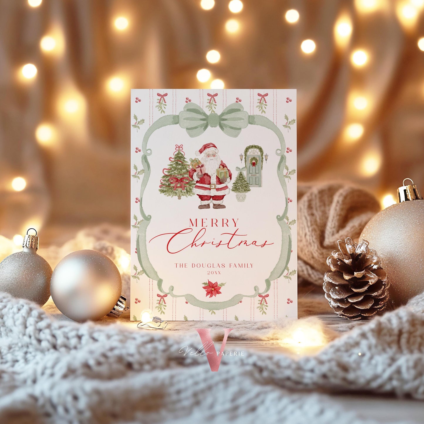 Editable Printable Grandmillenial Christmas Greetings Card | Watercolor Merry Christmas Card Template | Green Bow, Santa Holiday Card  BCPF1