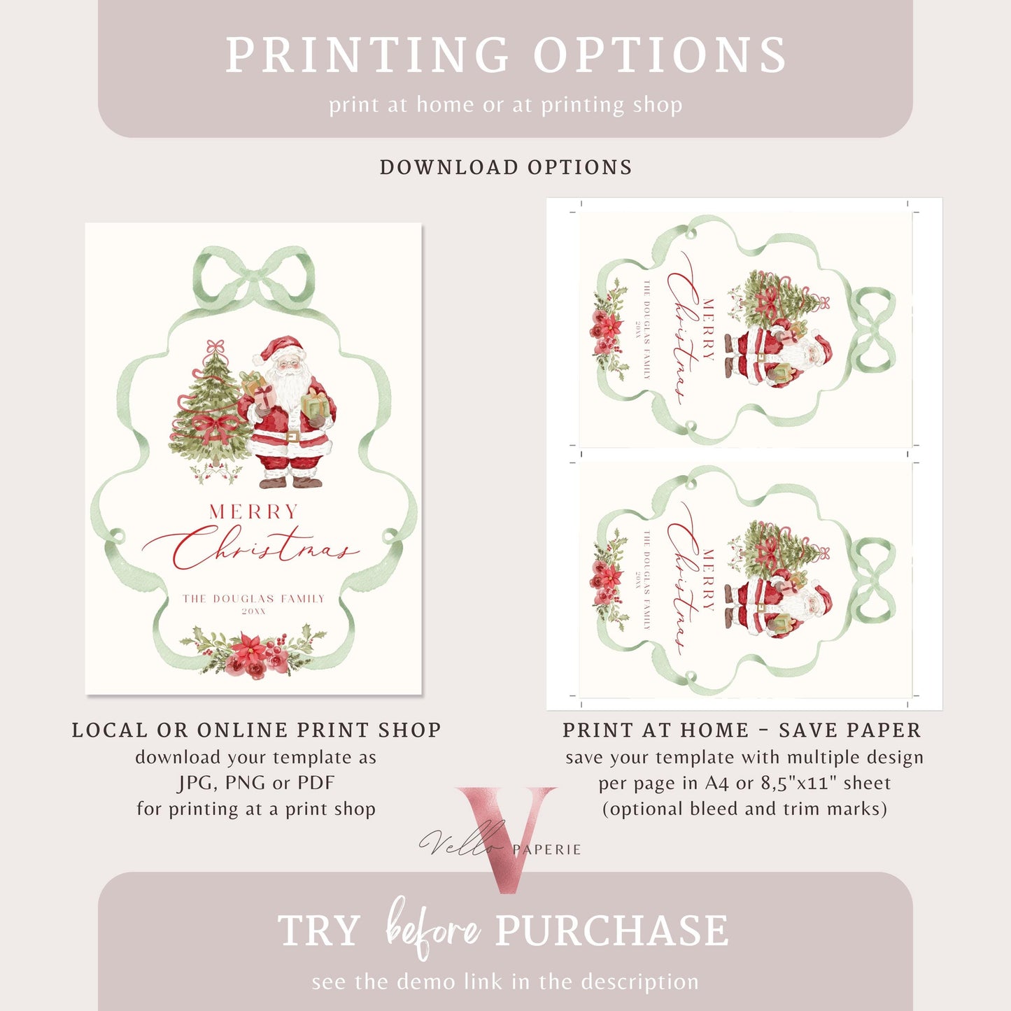 Editable Printable Grandmillenial Christmas Greetings Card | Watercolor Merry Christmas Card Template | Green Bow, Santa Holiday Card  BCPF1