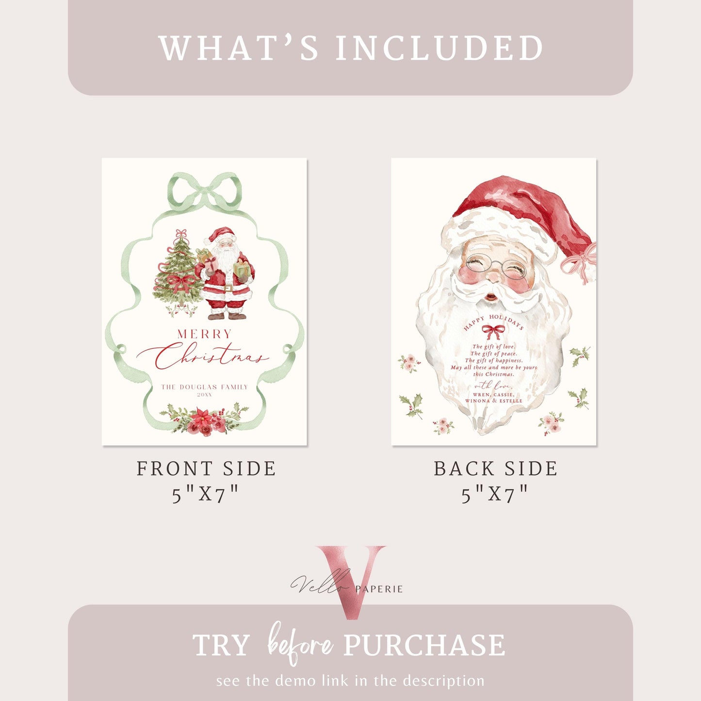 Editable Printable Grandmillenial Christmas Greetings Card | Watercolor Merry Christmas Card Template | Green Bow, Santa Holiday Card  BCPF1