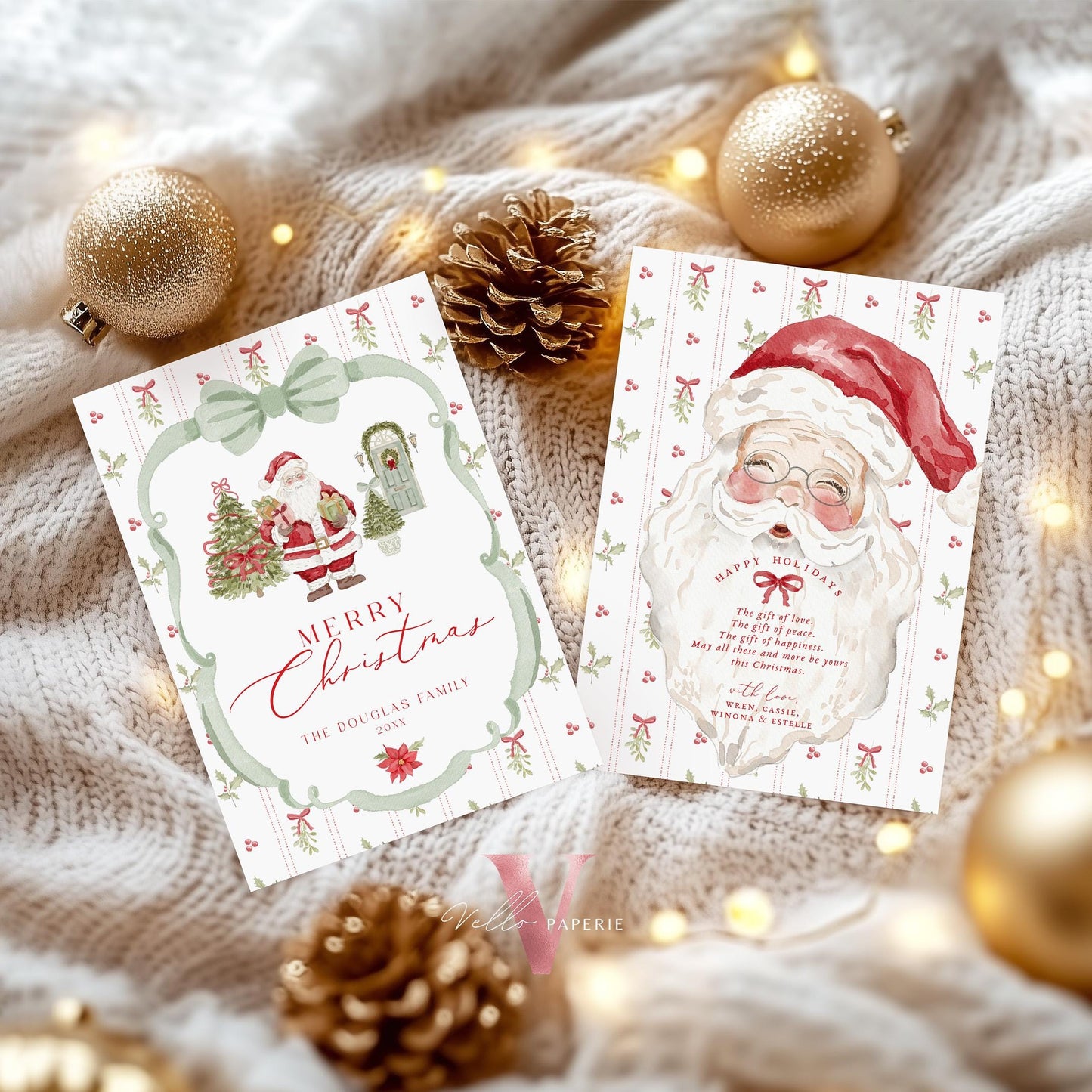 Editable Printable Grandmillenial Christmas Greetings Card | Watercolor Merry Christmas Card Template | Green Bow, Santa Holiday Card  BCPF1