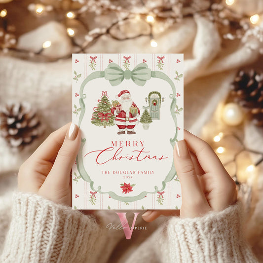 Editable Printable Grandmillenial Christmas Greetings Card | Watercolor Merry Christmas Card Template | Green Bow, Santa Holiday Card  BCPF1