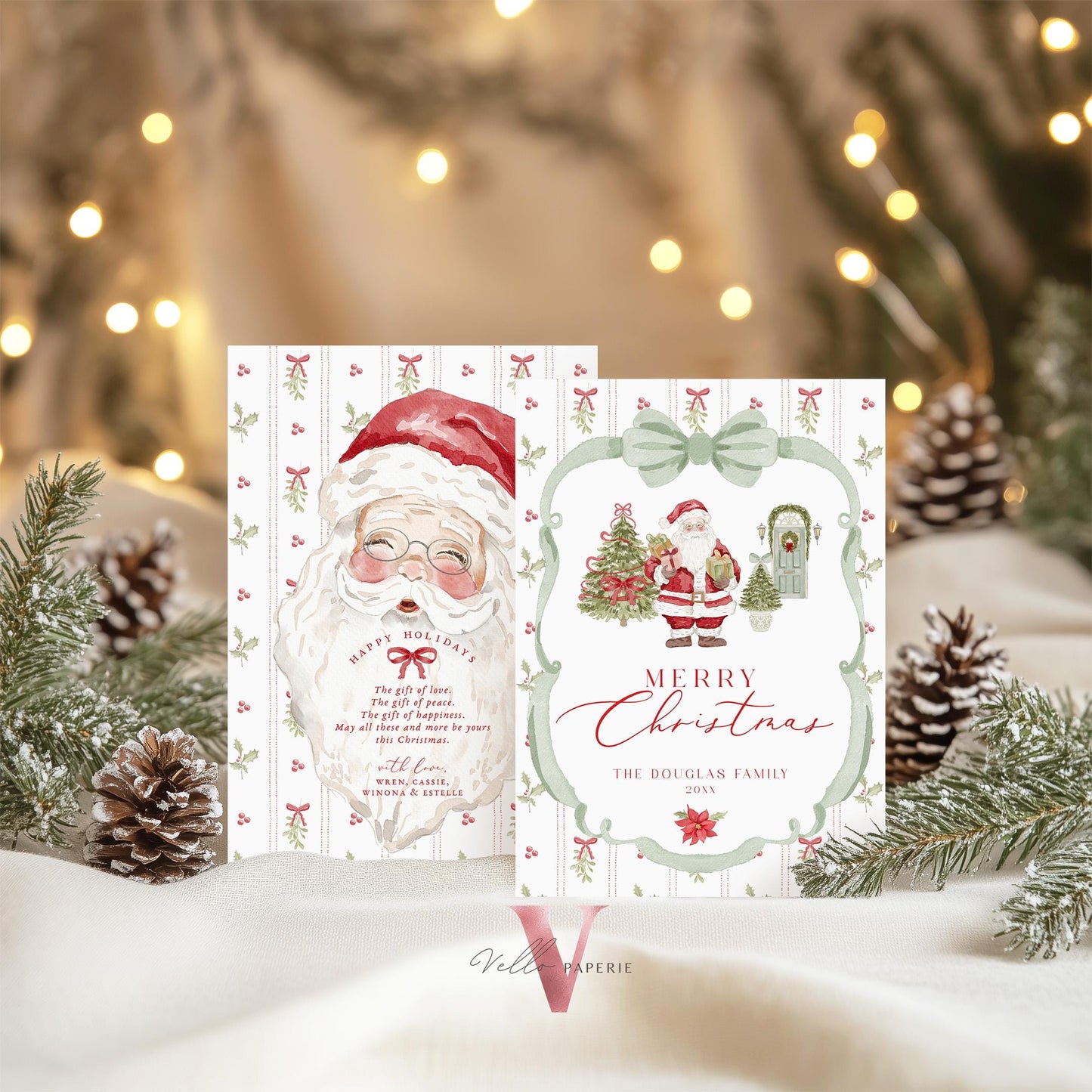 Editable Printable Grandmillenial Christmas Greetings Card | Watercolor Merry Christmas Card Template | Green Bow, Santa Holiday Card  BCPF1