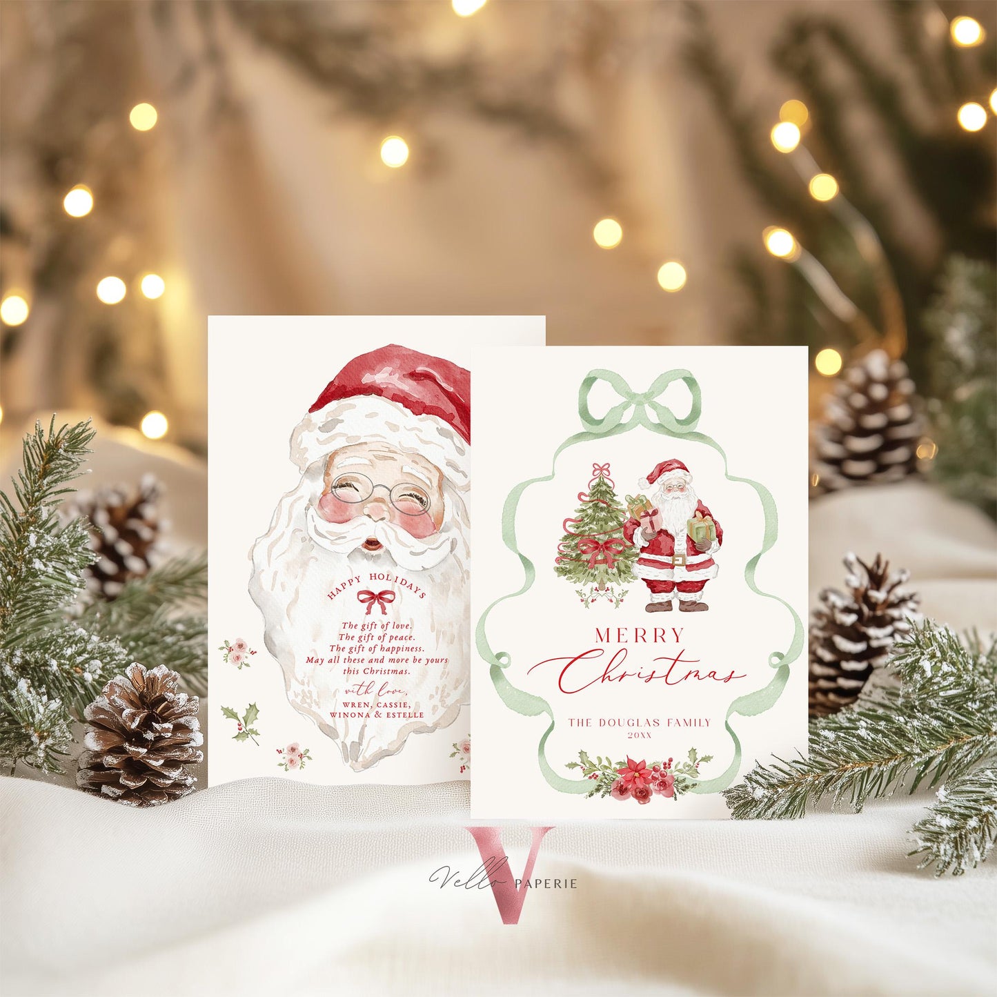 Editable Printable Grandmillenial Christmas Greetings Card | Watercolor Merry Christmas Card Template | Green Bow, Santa Holiday Card  BCPF1