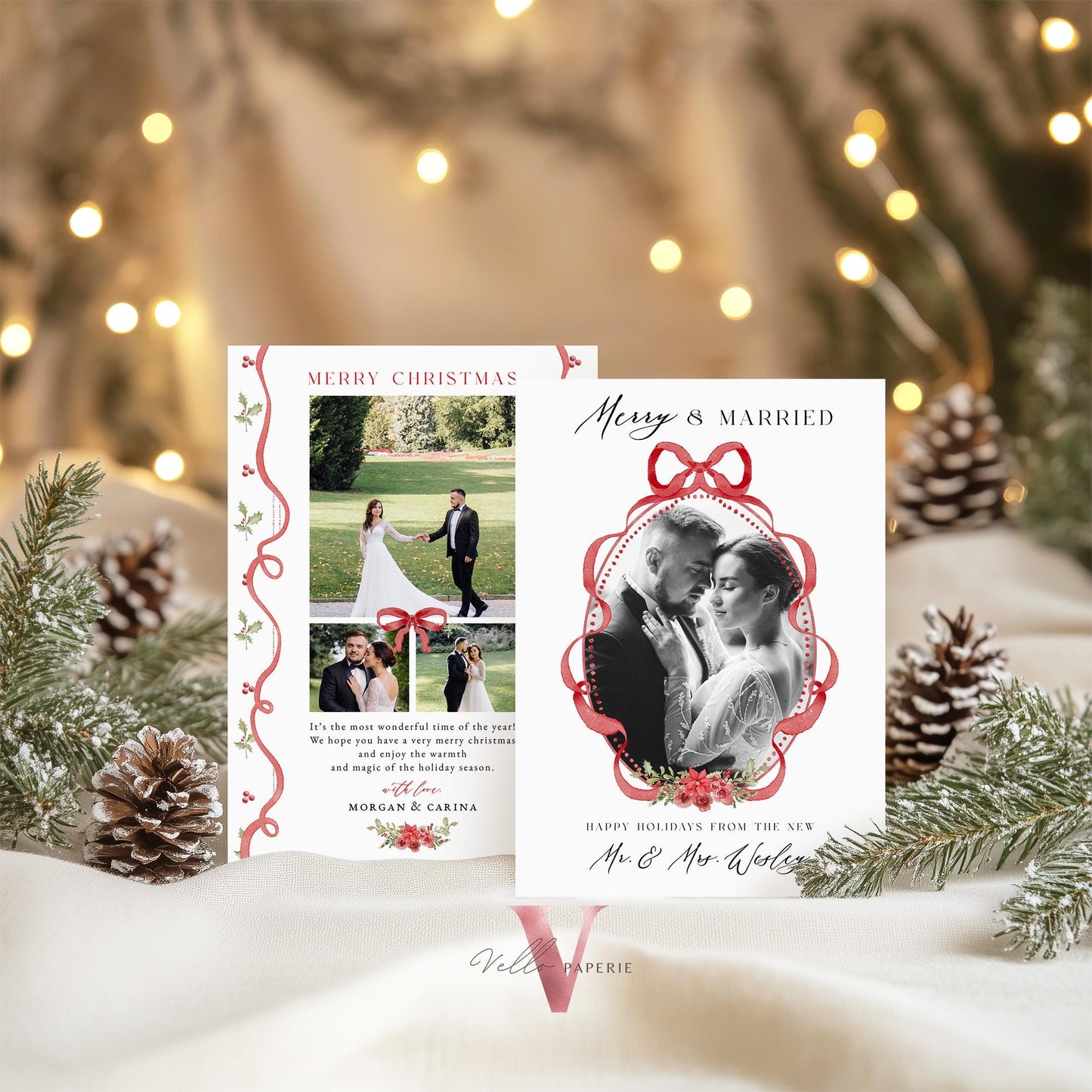 Merry and Married Christmas Photo Card | Newlywed Holiday Card | Red Bow Minimalist Christmas Photo Card | Merry and Bright Couple  MMC12
