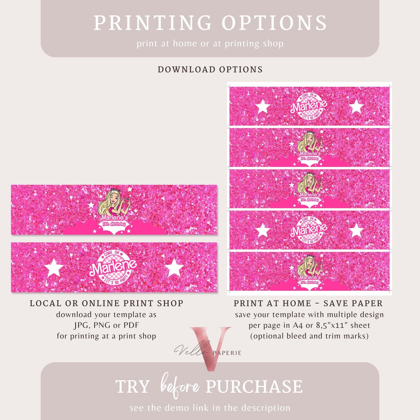 Sparkle Pink Doll Birthday Water Bottle Label | Glitter Fashion Pink Doll Decor Party Favor | Come On Lets Go Party Bottle Label HPD02