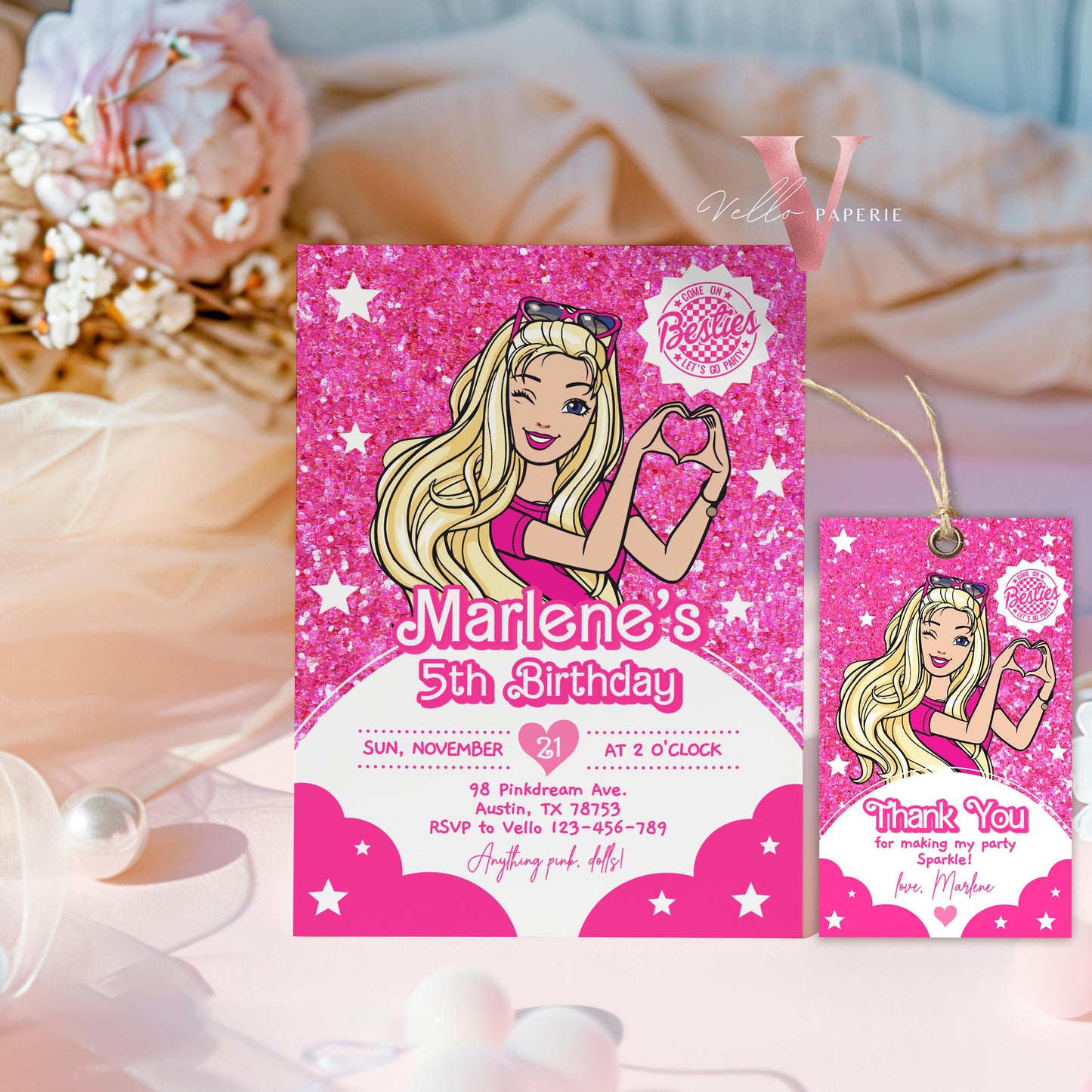 Sparkle Pink Doll Birthday Water Bottle Label | Glitter Fashion Pink Doll Decor Party Favor | Come On Lets Go Party Bottle Label HPD02