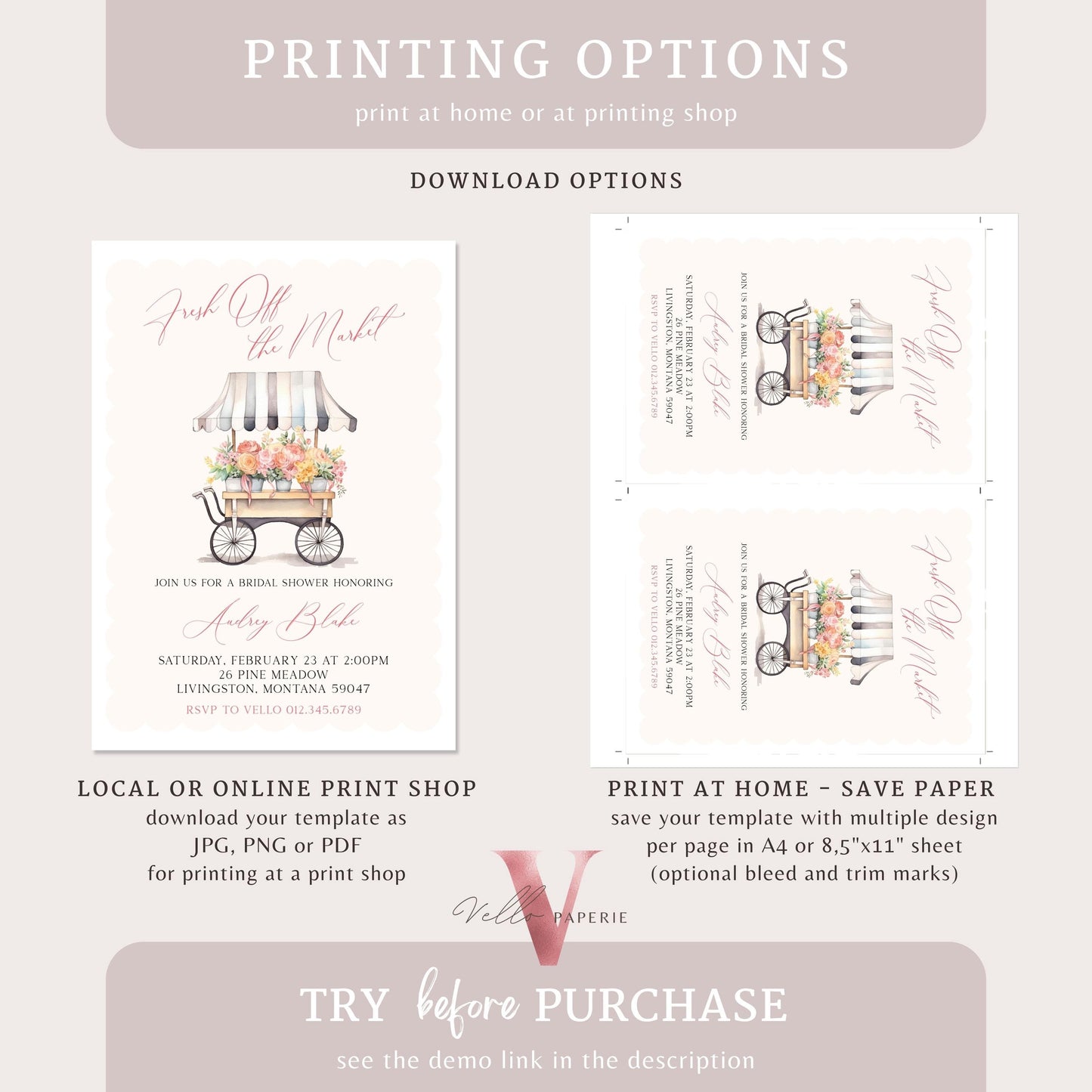 Dusty Blue Off the Market Bridal Shower Party Invitation | She's off the Market Invite | Flower Stall, Blue Florist Cart Watercolor Instant