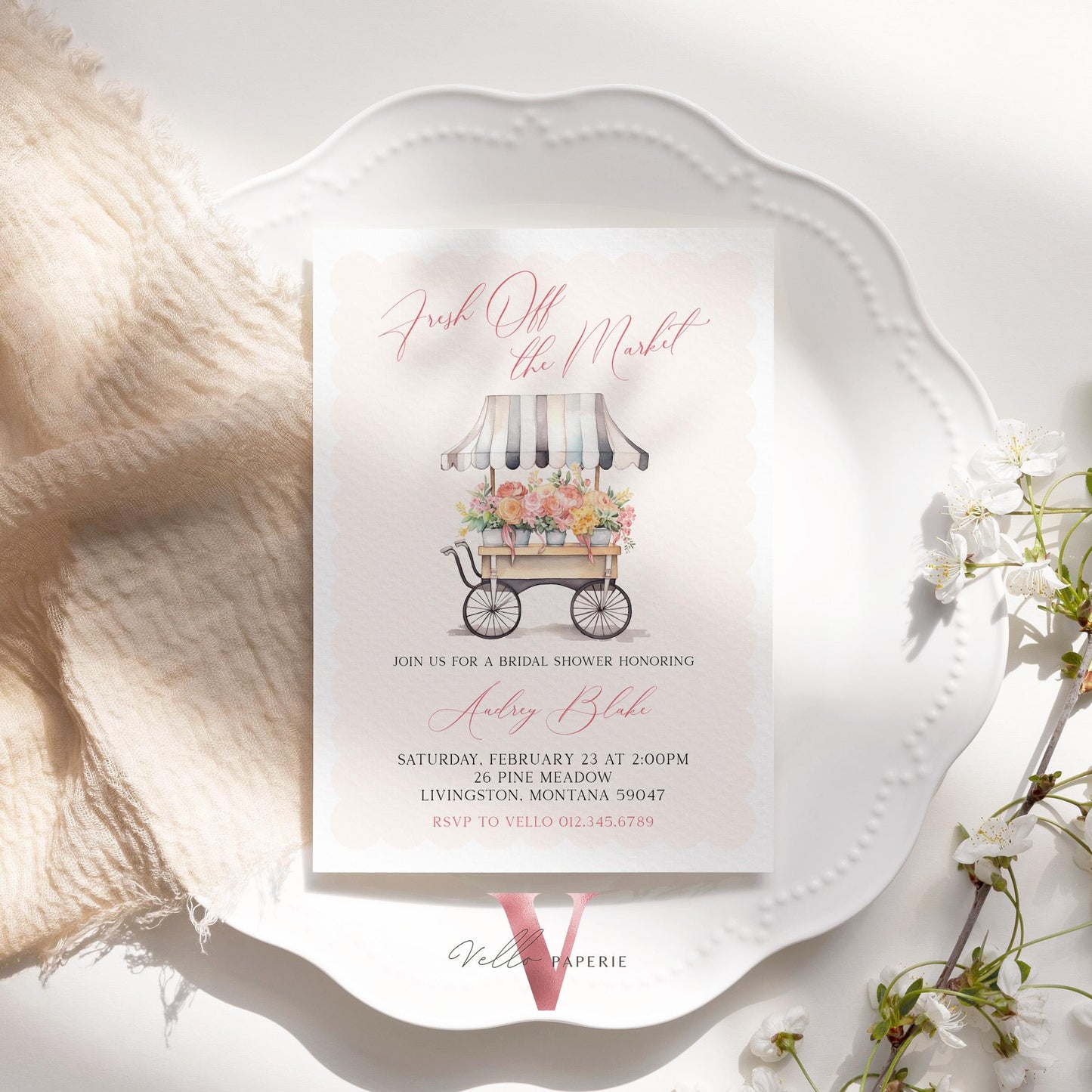 Dusty Blue Off the Market Bridal Shower Party Invitation | She's off the Market Invite | Flower Stall, Blue Florist Cart Watercolor Instant