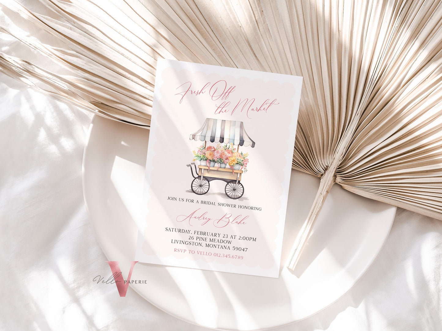 Dusty Blue Off the Market Bridal Shower Party Invitation | She's off the Market Invite | Flower Stall, Blue Florist Cart Watercolor Instant