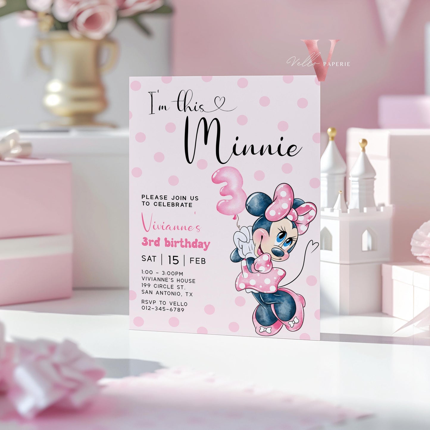 Third Birthday Minnie Mouse Invitation | Modern Light Pink Polkadot 3rd Minnie Birthday Invite | 3rd Girl Birthday Party Instant Template