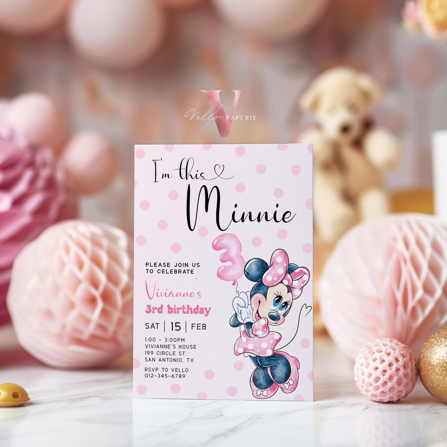 Third Birthday Minnie Mouse Invitation | Modern Light Pink Polkadot 3rd Minnie Birthday Invite | 3rd Girl Birthday Party Instant Template