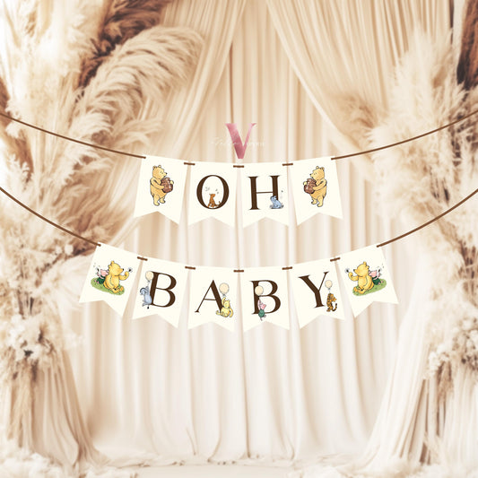 Editable Neutral Winnie the Pooh Baby Shower or Birthday Garlands | Printable Beige Floral, Pooh Wildflower Banner, Bunting Flag WTP04