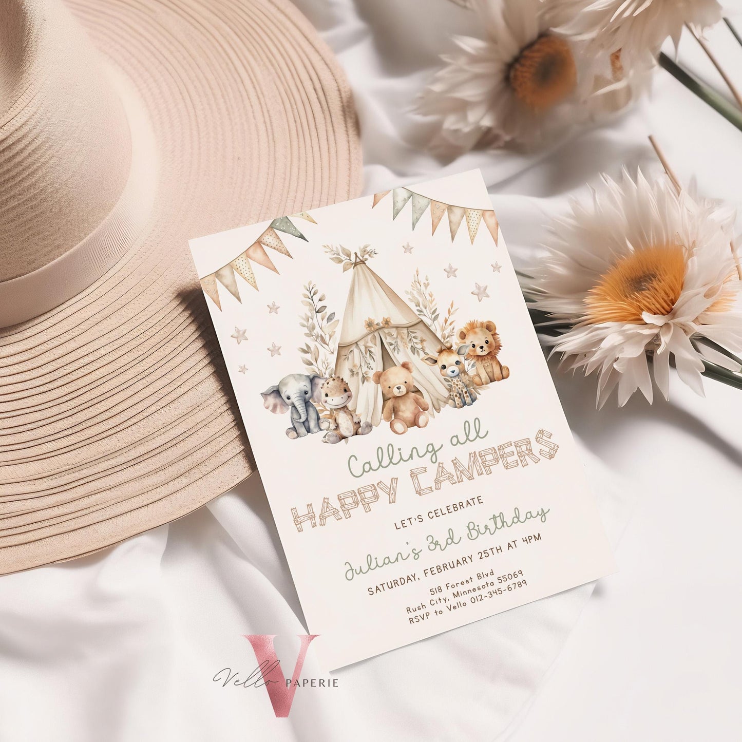 Calling All Happy Campers Invitation | BOHO Camping Birthday Invite | Adventure Forest Camp Birthday InvitR | Camper Backyard Bonfire Party