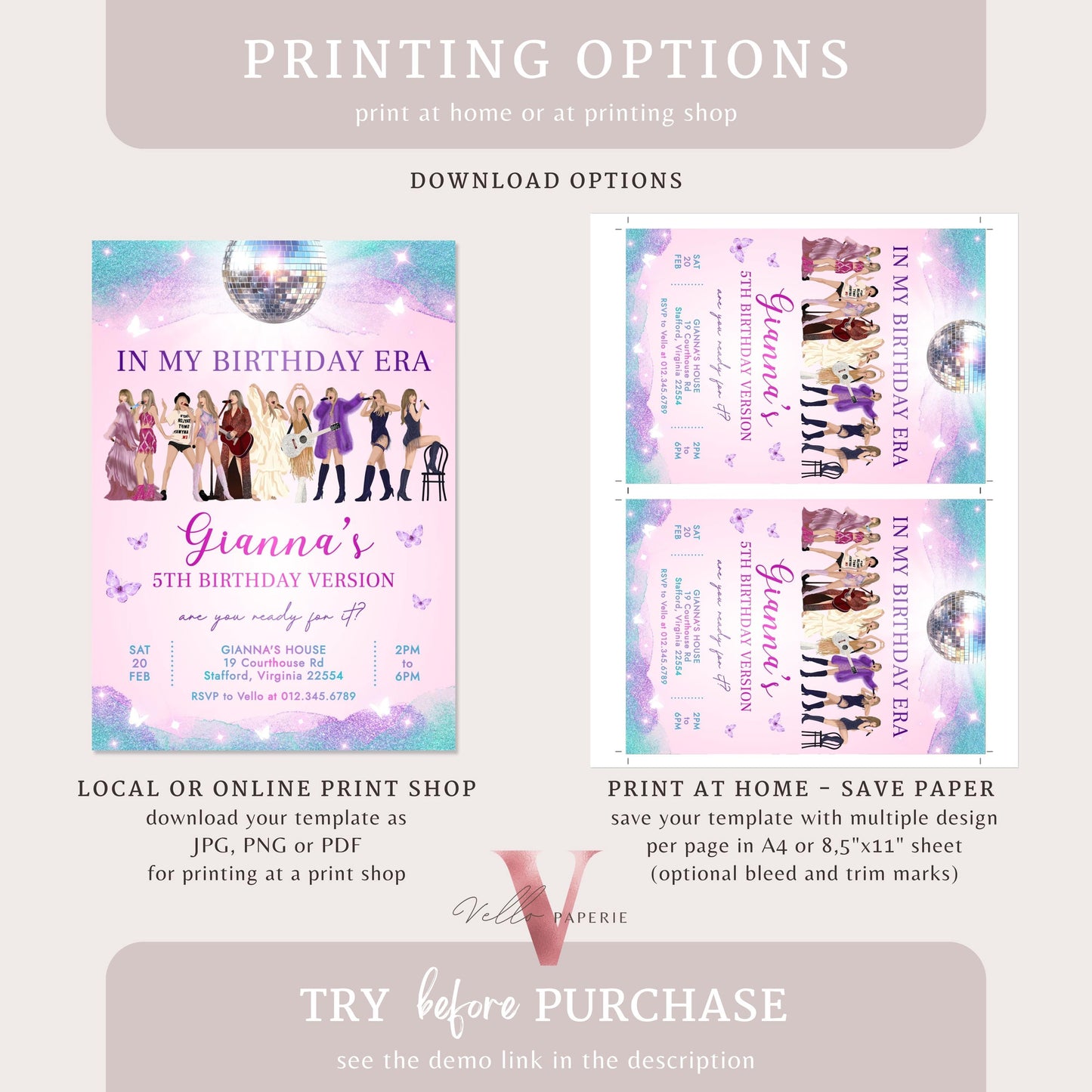 Editable TS Music Tour Birthday Party Invitation | In My Birthday Era Invitation | Teen Era Party | Swiftie Pink Purple Blue Era Party TSP02