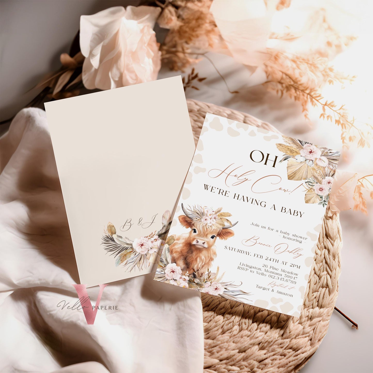 Holy Cow Baby Shower Invitation Bundle | Gender Neutral Highland Cow Baby Shower Invite | Boho Highland Cow Baby, Beige Brown Pampas Grass