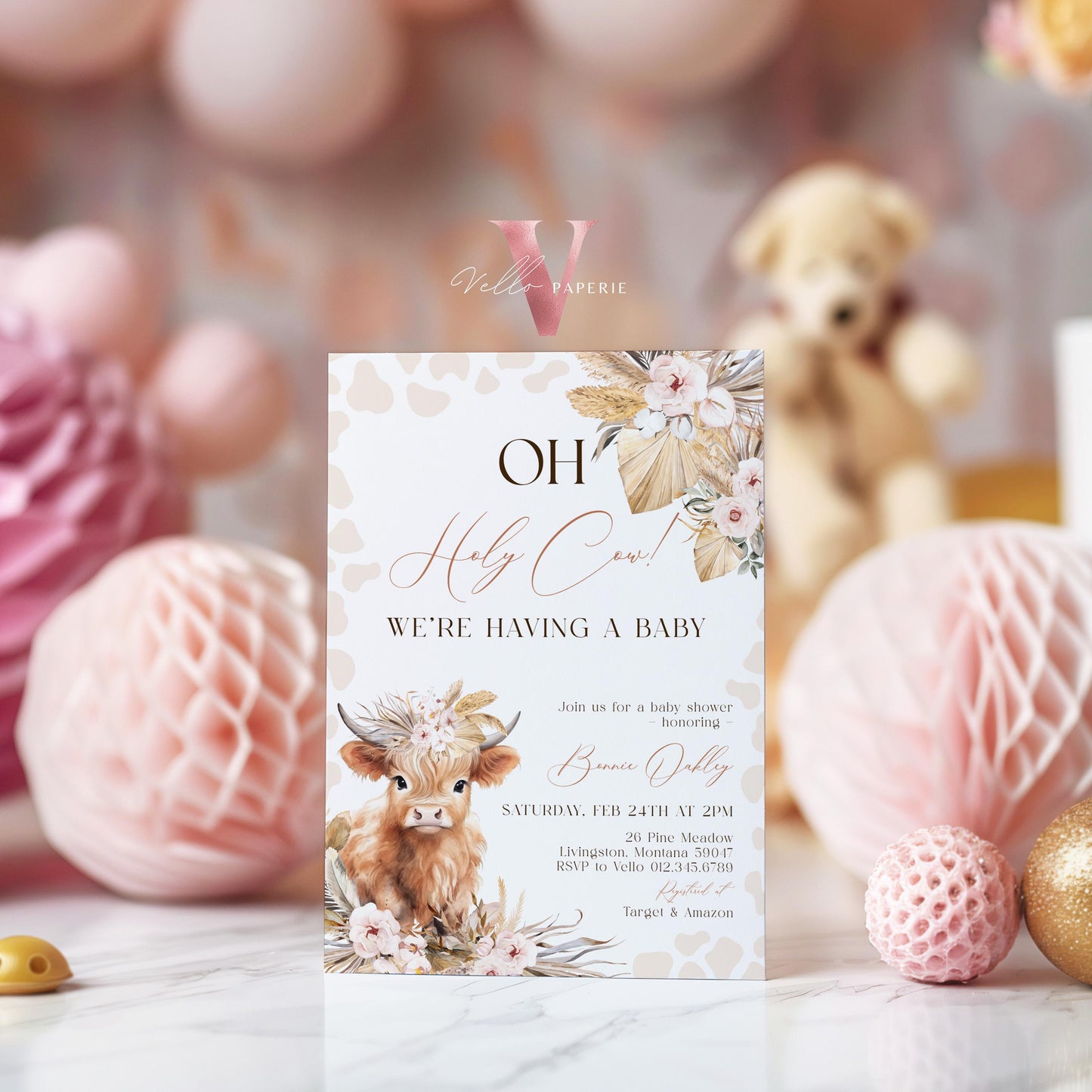 Holy Cow Baby Shower Invitation Bundle | Gender Neutral Highland Cow Baby Shower Invite | Boho Highland Cow Baby, Beige Brown Pampas Grass