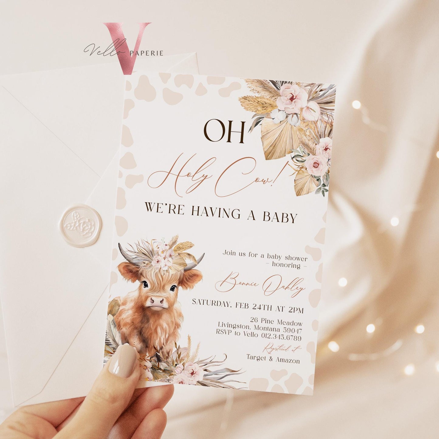 Holy Cow Baby Shower Invitation Bundle | Gender Neutral Highland Cow Baby Shower Invite | Boho Highland Cow Baby, Beige Brown Pampas Grass
