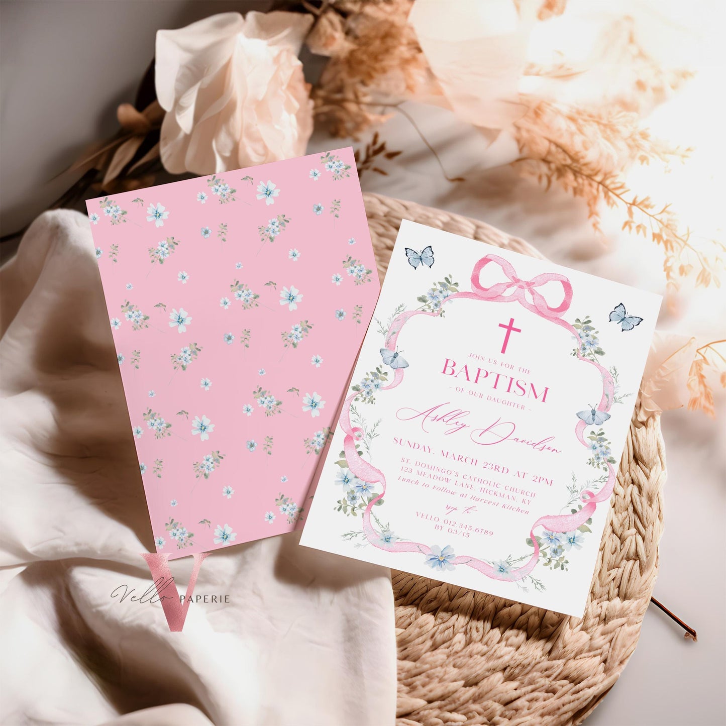 Editable Modern Wildflower Baptism Invitation | Pink Girls Baptism Invite | Pink Bow Floral Christening Digital Invite | 1st Communion