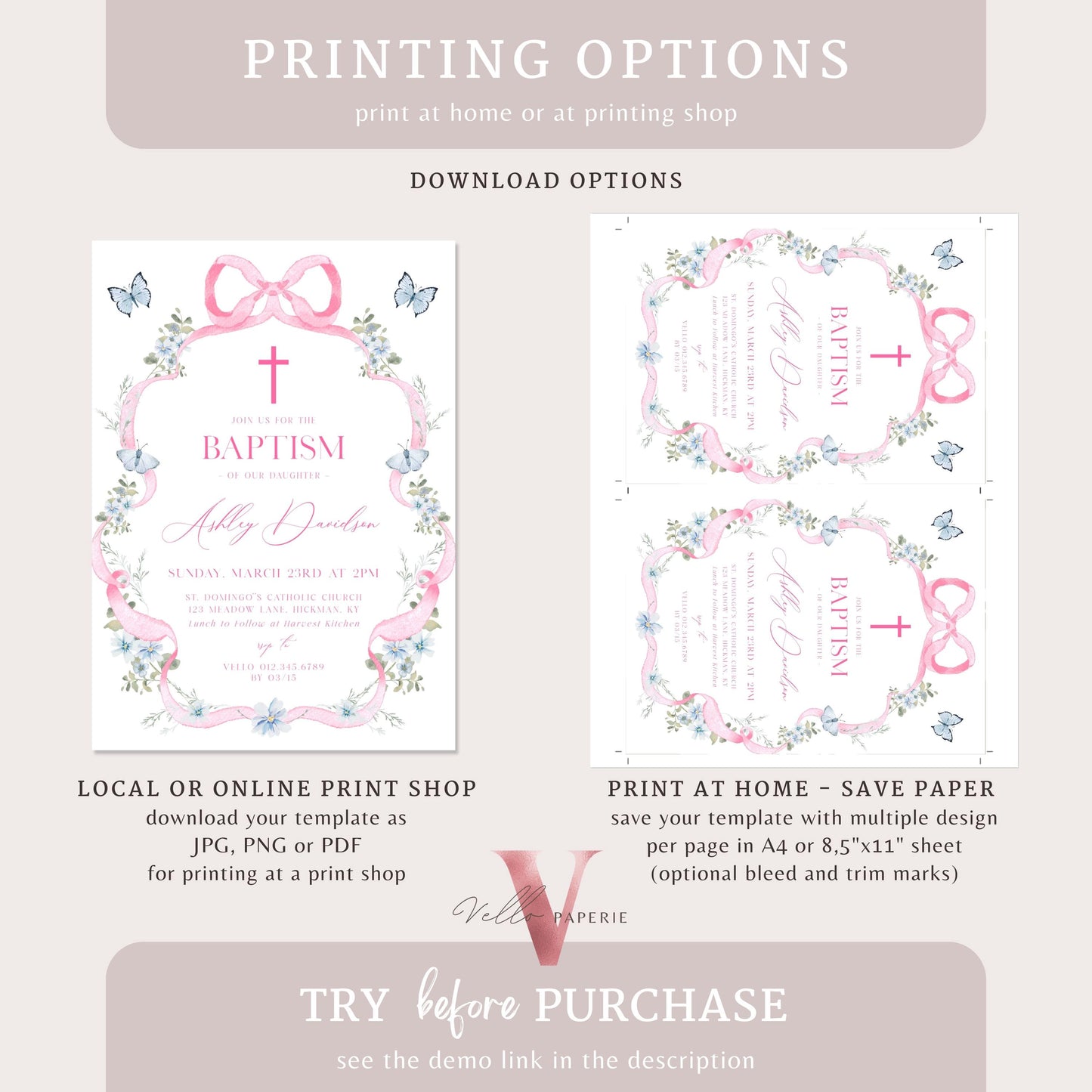 Editable Modern Wildflower Baptism Invitation | Pink Girls Baptism Invite | Pink Bow Floral Christening Digital Invite | 1st Communion