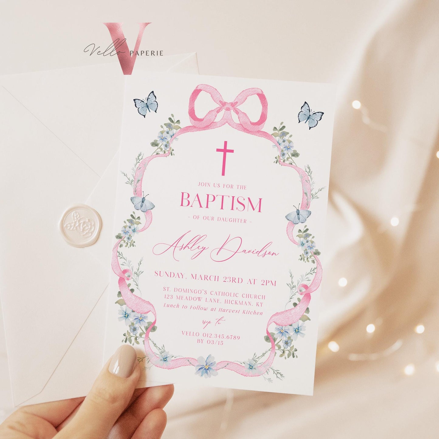 Editable Modern Wildflower Baptism Invitation | Pink Girls Baptism Invite | Pink Bow Floral Christening Digital Invite | 1st Communion