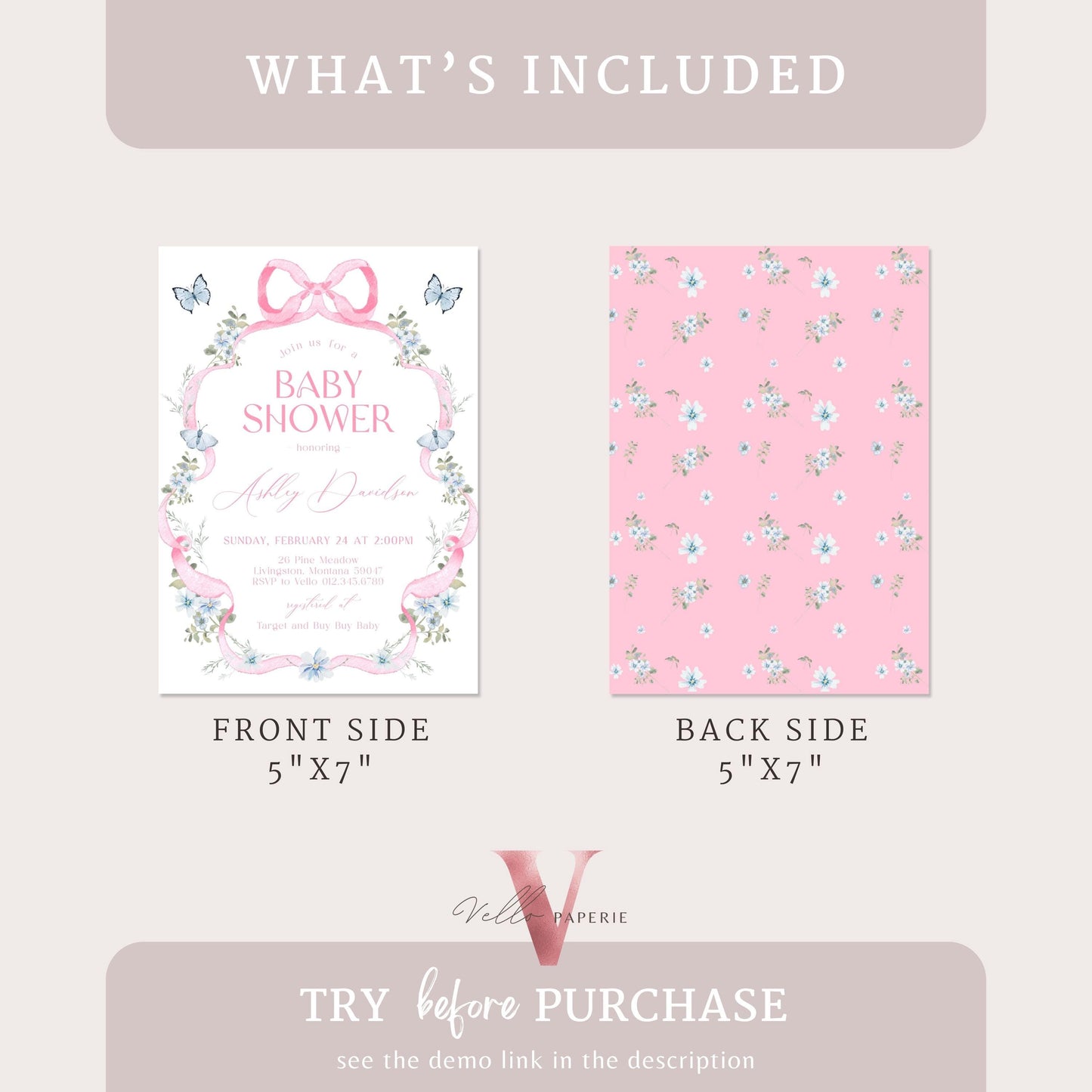 Editable Pink Bow Wildflower Baby Shower Invitation | Modern Elegant Pink Coquette Baby Shower Invite | Pink Blue Girl Baby Floral Party