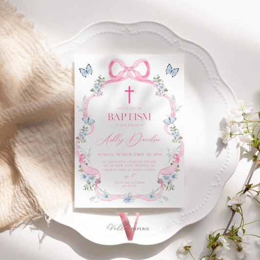 Editable Modern Wildflower Baptism Invitation | Pink Girls Baptism Invite | Pink Bow Floral Christening Digital Invite | 1st Communion
