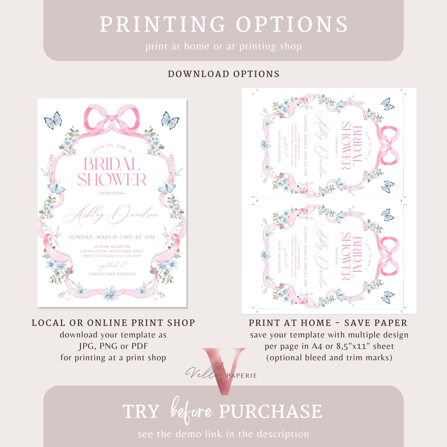 Editable Pink Bow Wildflower Bridal Shower Invitation | Modern Elegant Pink Coquette Bridal Shower Invite | Pink Blue Floral Couple Shower