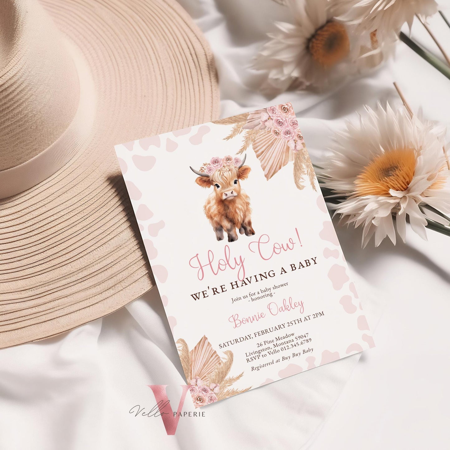 Holy Cow Baby Shower Invitation Bundle | Gender Neutral Highland Cow Baby Shower Invite | Boho Highland Cow Baby, Pink Brown Pampas Grass