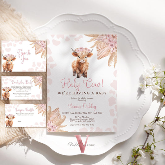 Holy Cow Baby Shower Invitation Bundle | Gender Neutral Highland Cow Baby Shower Invite | Boho Highland Cow Baby, Pink Brown Pampas Grass