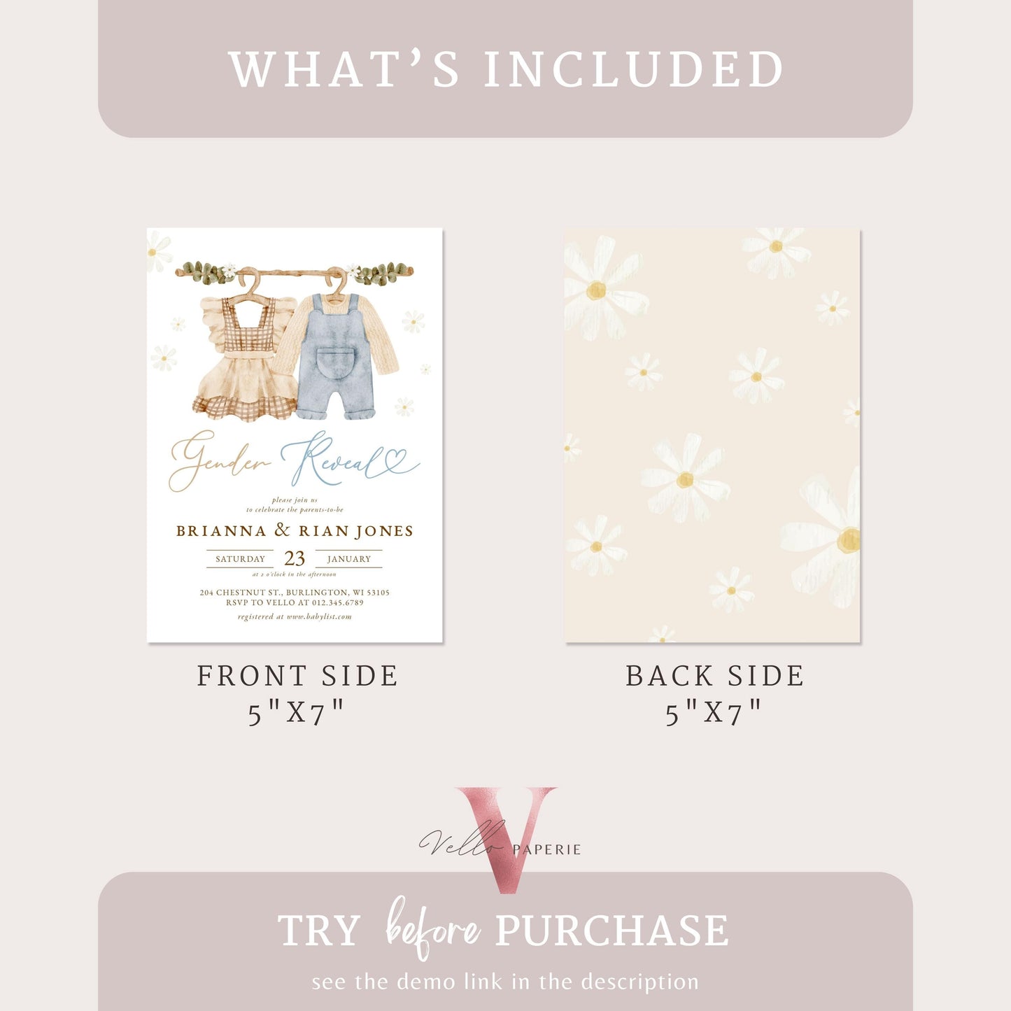 Boho Gender Reveal Baby Shower Invitation | Modern Boy or Girl Cloth Baby Invite | Brown Blue Baby Coming Celebration