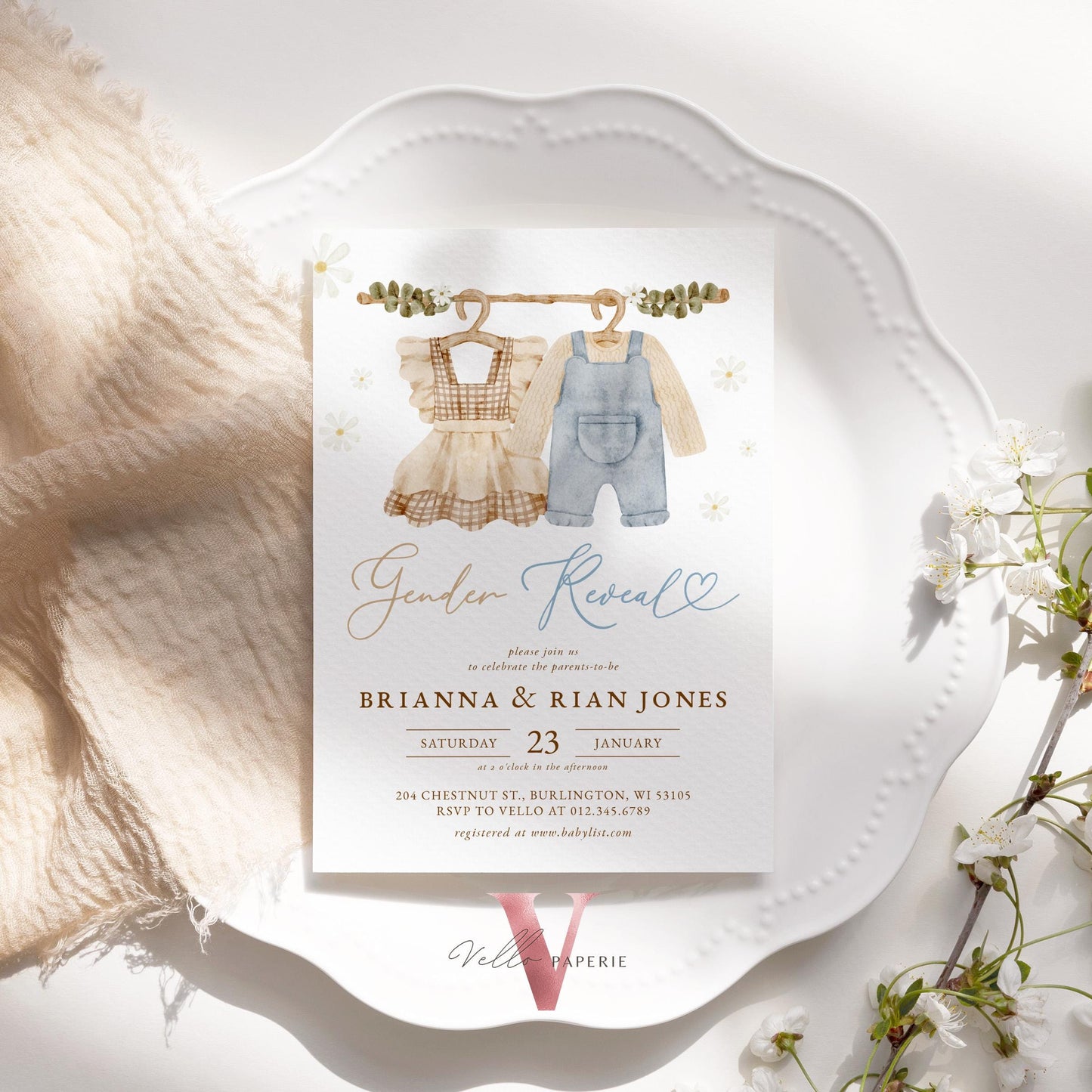 Boho Gender Reveal Baby Shower Invitation | Modern Boy or Girl Cloth Baby Invite | Brown Blue Baby Coming Celebration