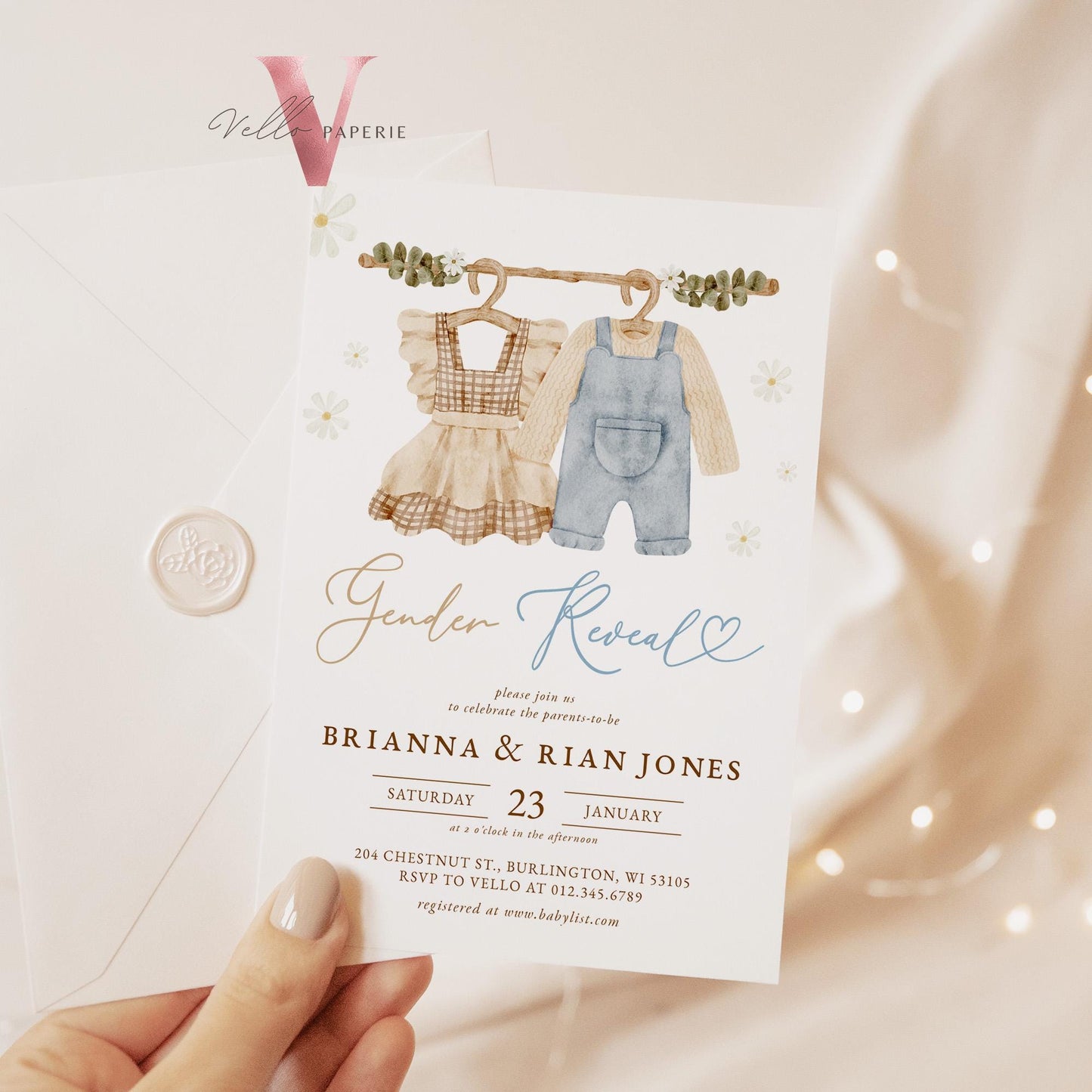 Boho Gender Reveal Baby Shower Invitation | Modern Boy or Girl Cloth Baby Invite | Brown Blue Baby Coming Celebration