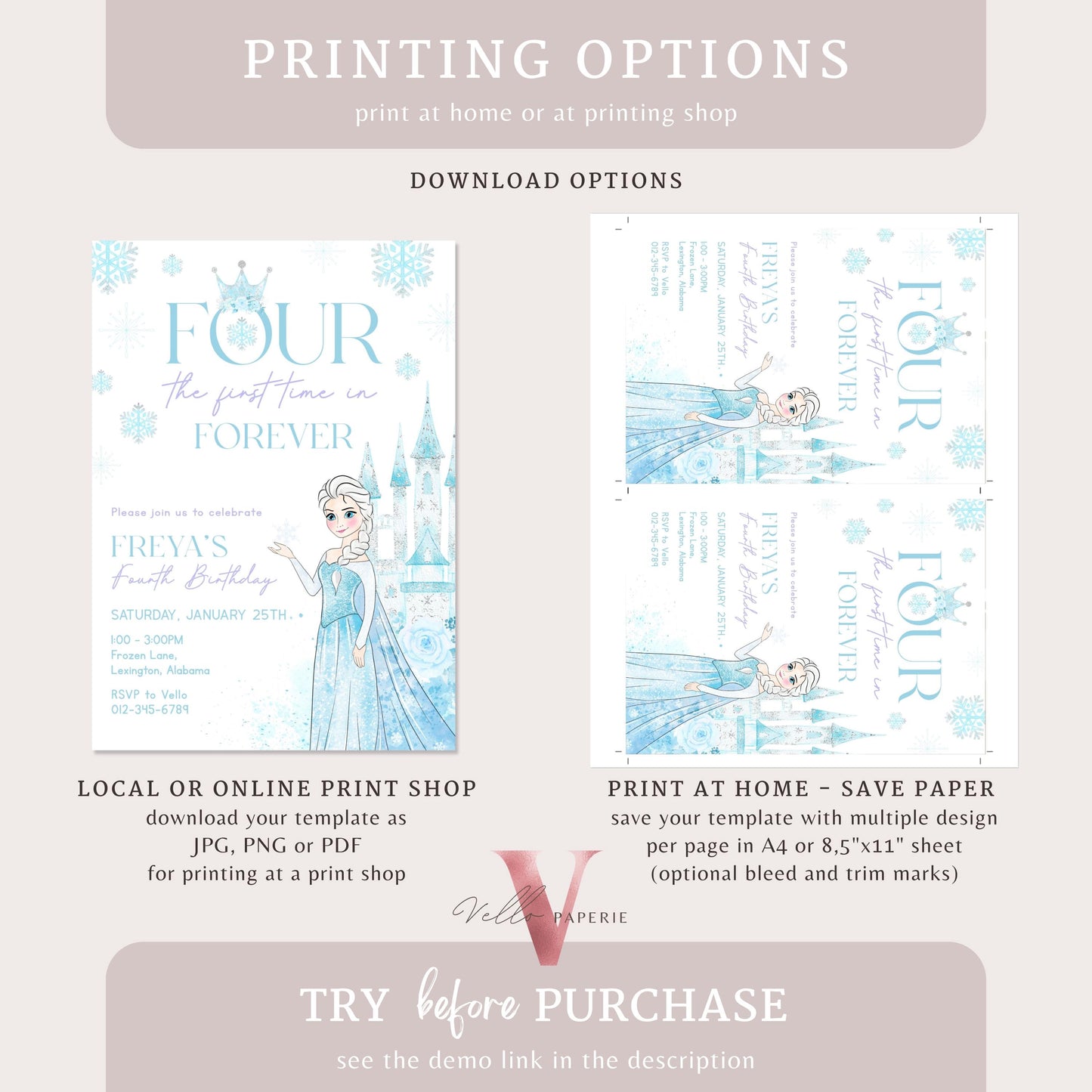 Editable Fourth Birthday Frozen Theme Birthday Party Invitation | 4th Birthday Watercolor Princess Frozen Invite | Winter Snow Princess