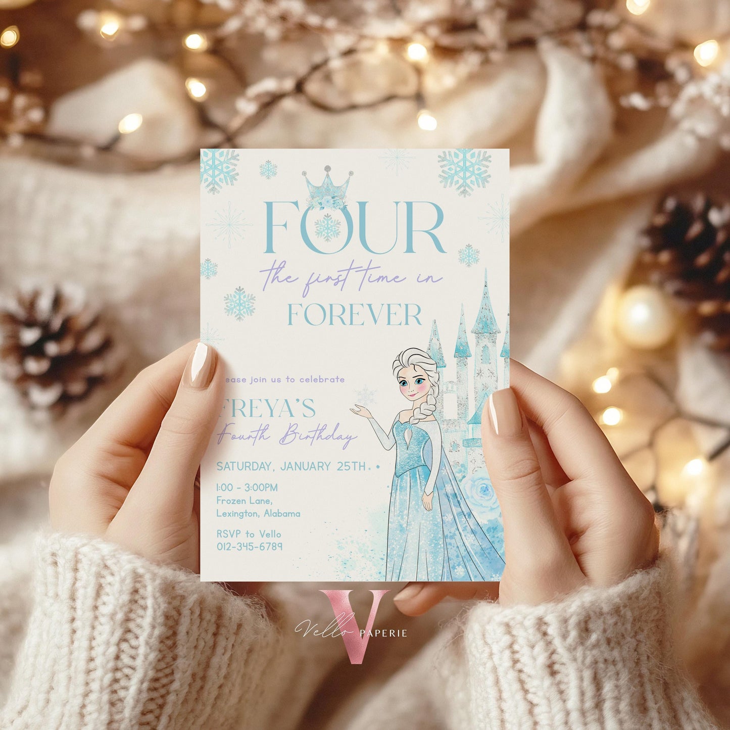 Editable Fourth Birthday Frozen Theme Birthday Party Invitation | 4th Birthday Watercolor Princess Frozen Invite | Winter Snow Princess